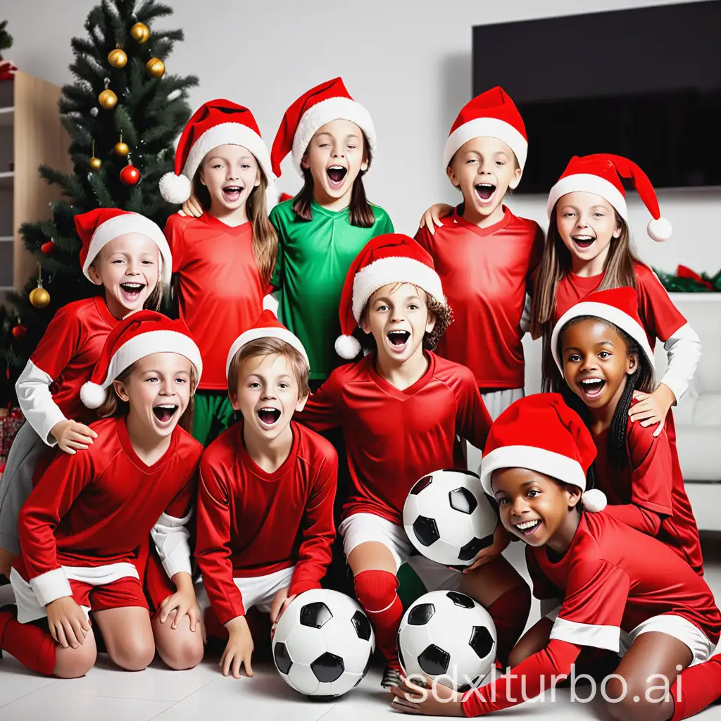 soccer team of kids celebrating christmas