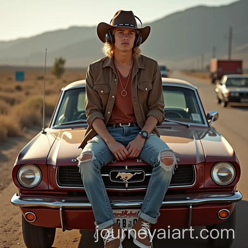 Handsome-Young-Country-Singer-with-Beats-Headphones-Sitting-on-a-Mustang-Hood