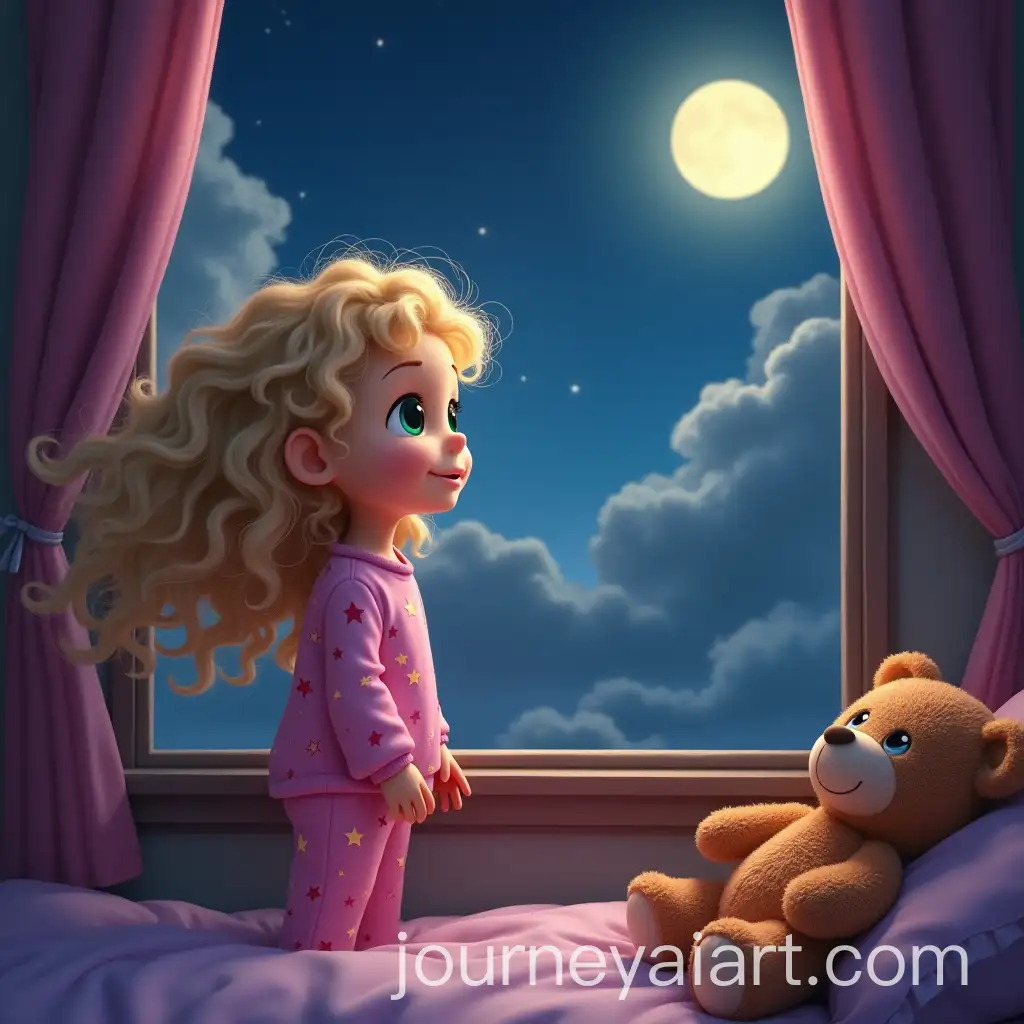 Cozy-Childrens-Bedroom-at-Night-with-Mila-Looking-at-the-Moon