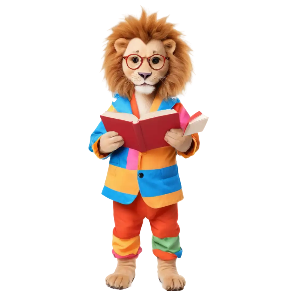 happy lion reading a book wearing colorful costume