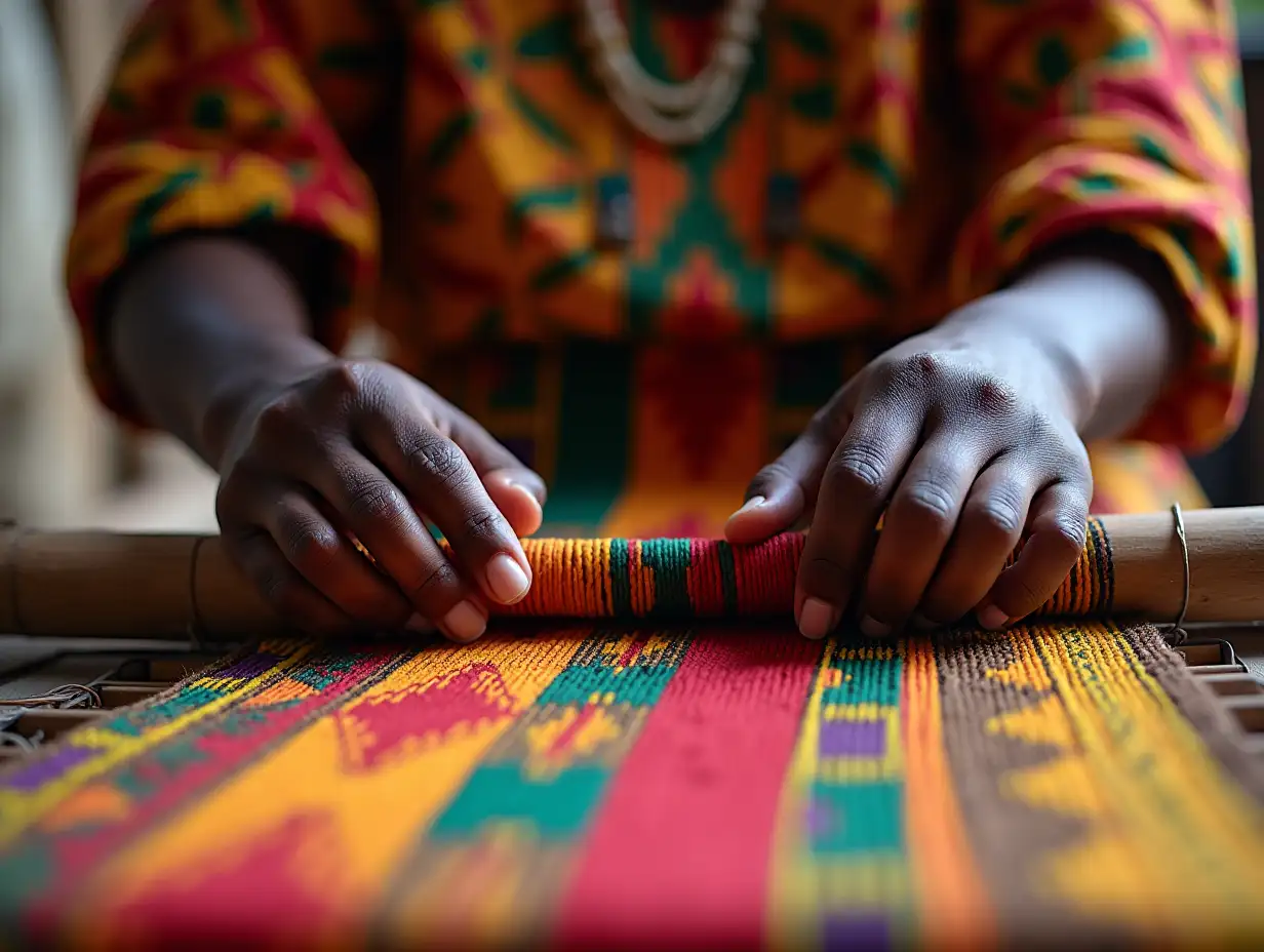 Artisan-Weaving-Colorful-Kente-Cloth-on-Traditional-Loom