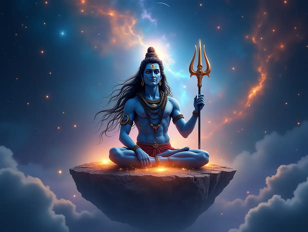 A celestial depiction of Lord Shiva in a breathtaking cosmic setting, framed in a 9:16 vertical format. Shiva is shown in a meditative pose, seated on a glowing rock amidst the stars and galaxies, floating in the vast expanse of space. His matted hair flows as if merging with the cosmic energy, with the crescent moon shining brightly on his head. The sacred river Ganga streams from his hair into the ether, turning into stardust. His third eye glows with divine energy, and a serene expression graces his face. A coiled serpent rests around his neck, and his trident (trishul) stands beside him, emanating light. The background features vibrant nebulae, constellations, and ethereal hues of blue, purple, and gold, creating an aura of divinity and universal oneness.