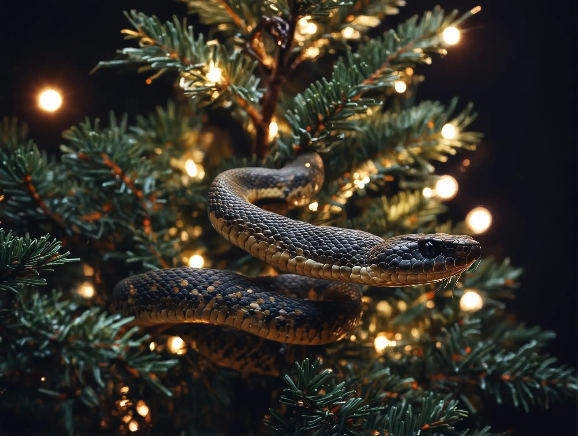 snake, new year tree, night, dark, low lighting, side lighting, photo, christmas at blurred background