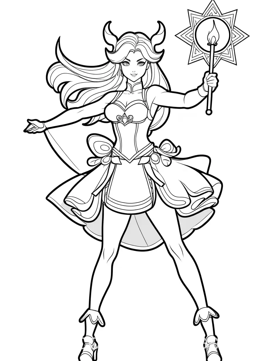 Magical-Girl-Casting-Spell-Coloring-Page-Simple-Line-Art