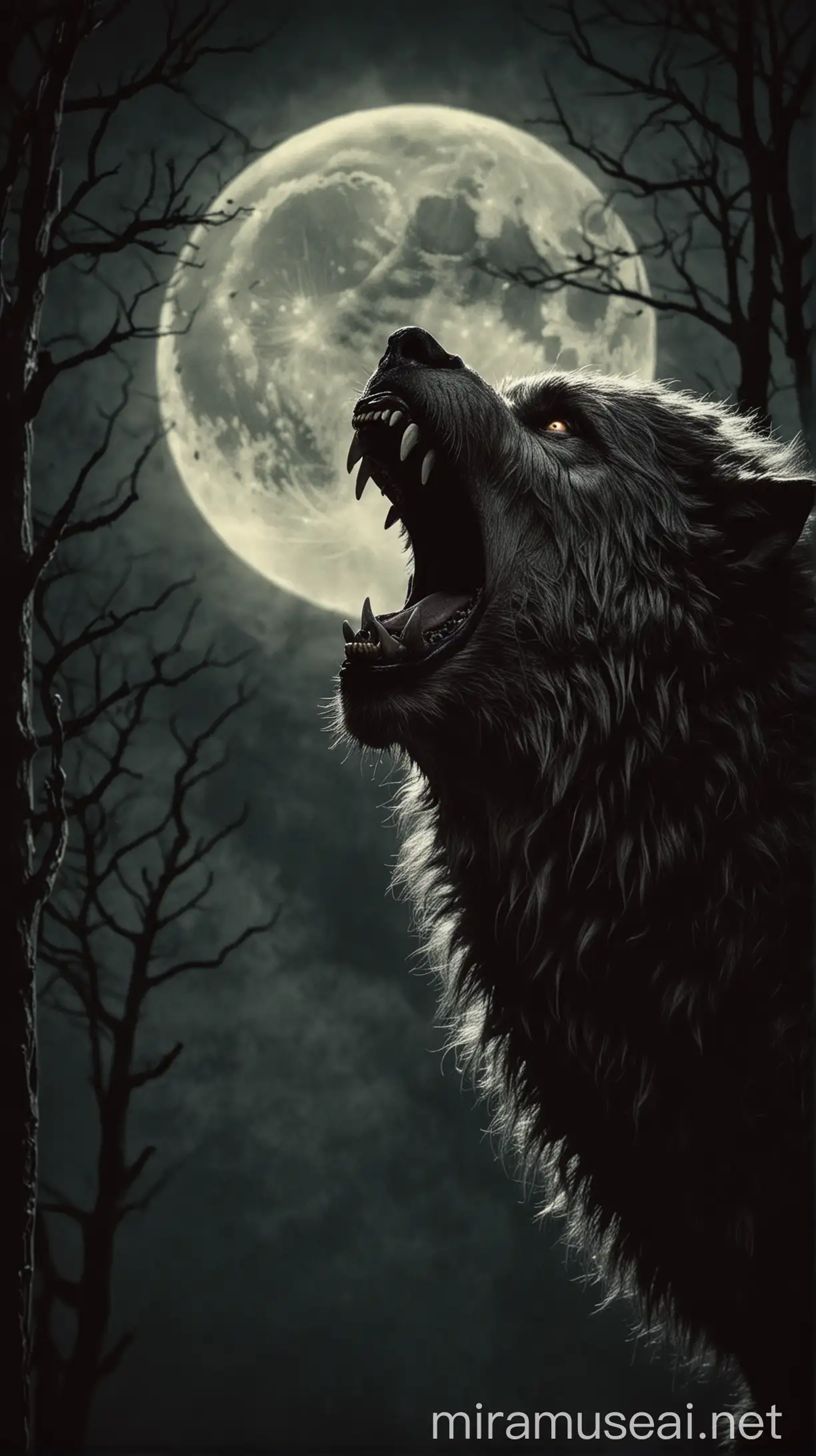 Ominous Werewolf Howling at Full Moon in Dark Low Light Tones