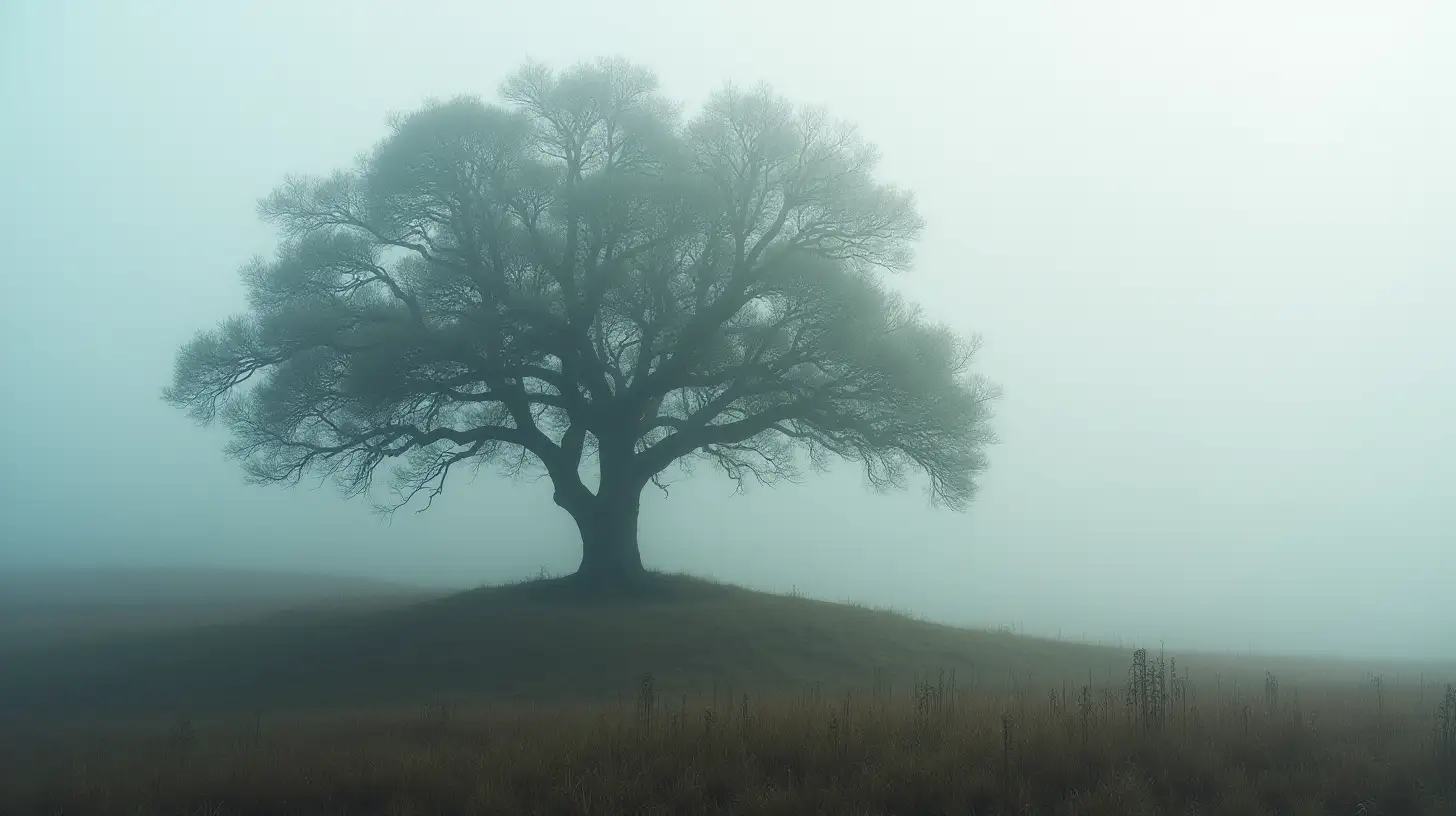 Majestic Oak Tree on Foggy Hill