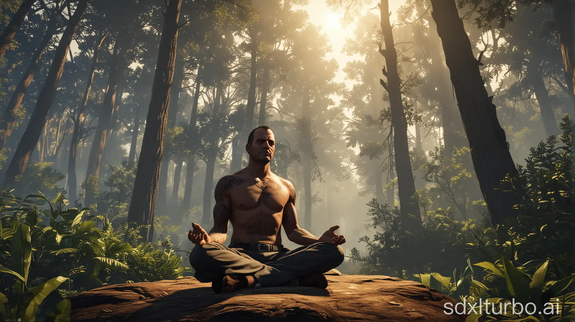 The character Trevor from GTA V is meditating in a forest with a truly mystical atmosphere