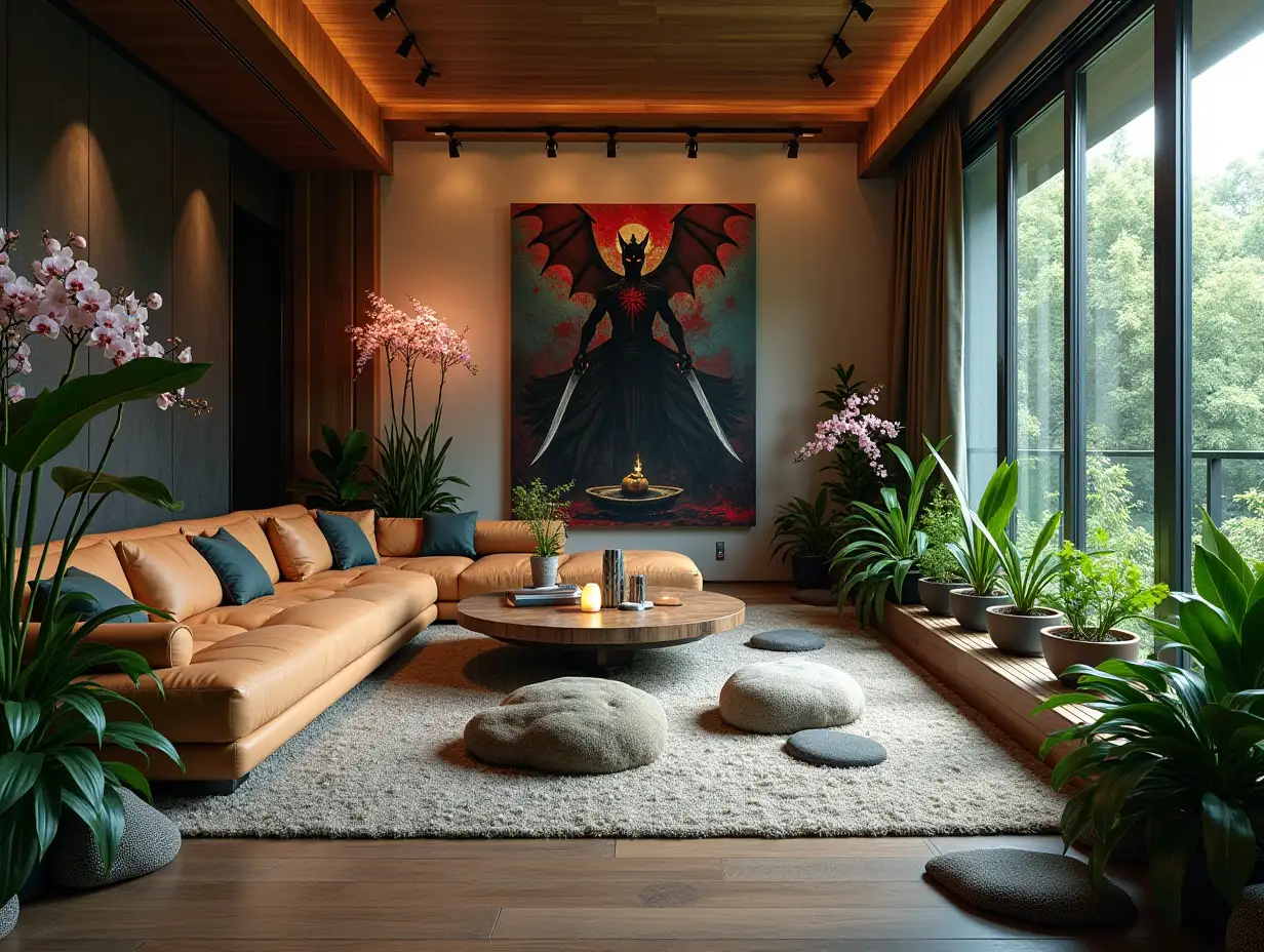 Large modern living room lighting with furniture very many plants (Orchids) with Demon Slayer image on the wall Zen garden with carefully tended rocks, a meditative 180 degree shot 8K resolution Colorful