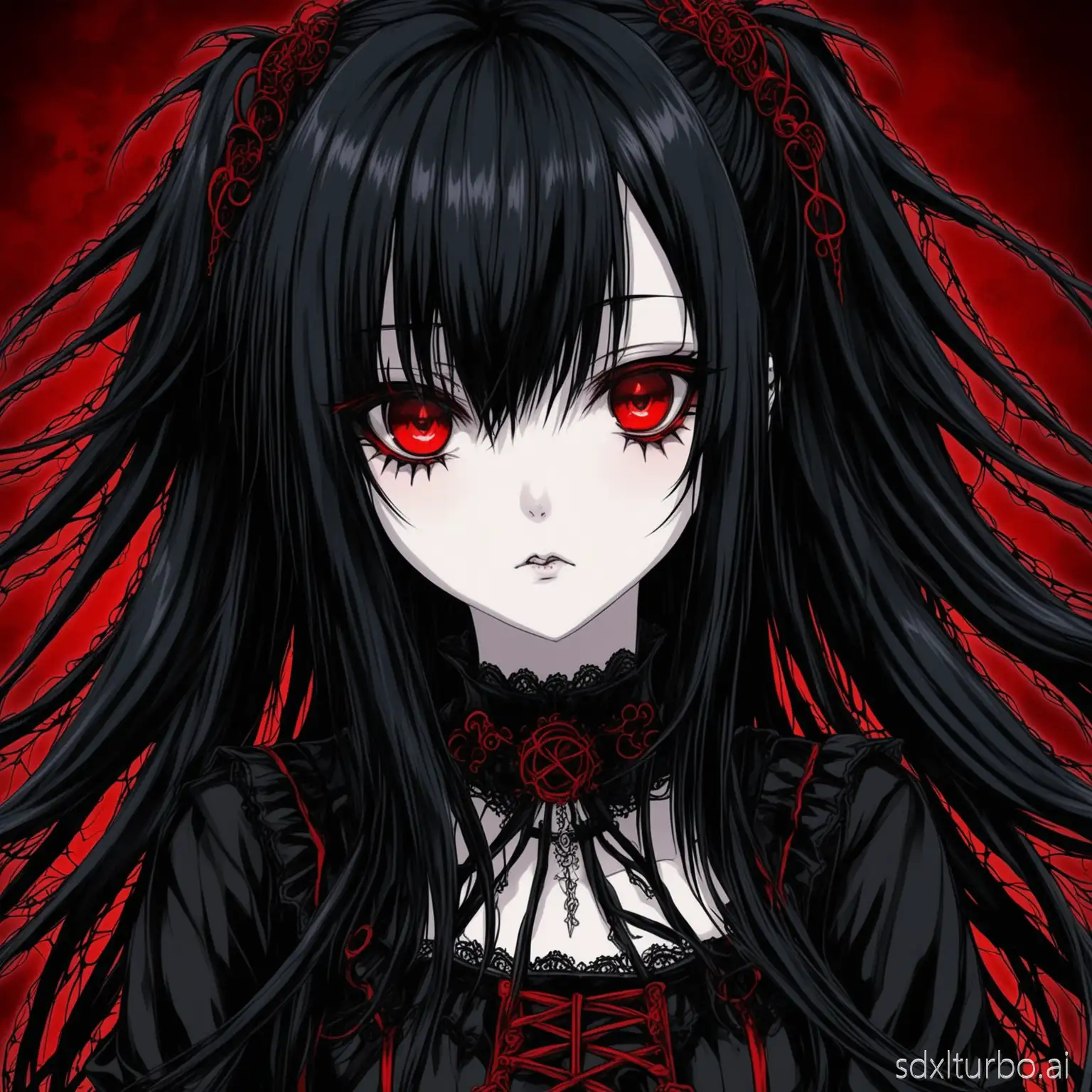 Goth anime girl with black hair and red eyes