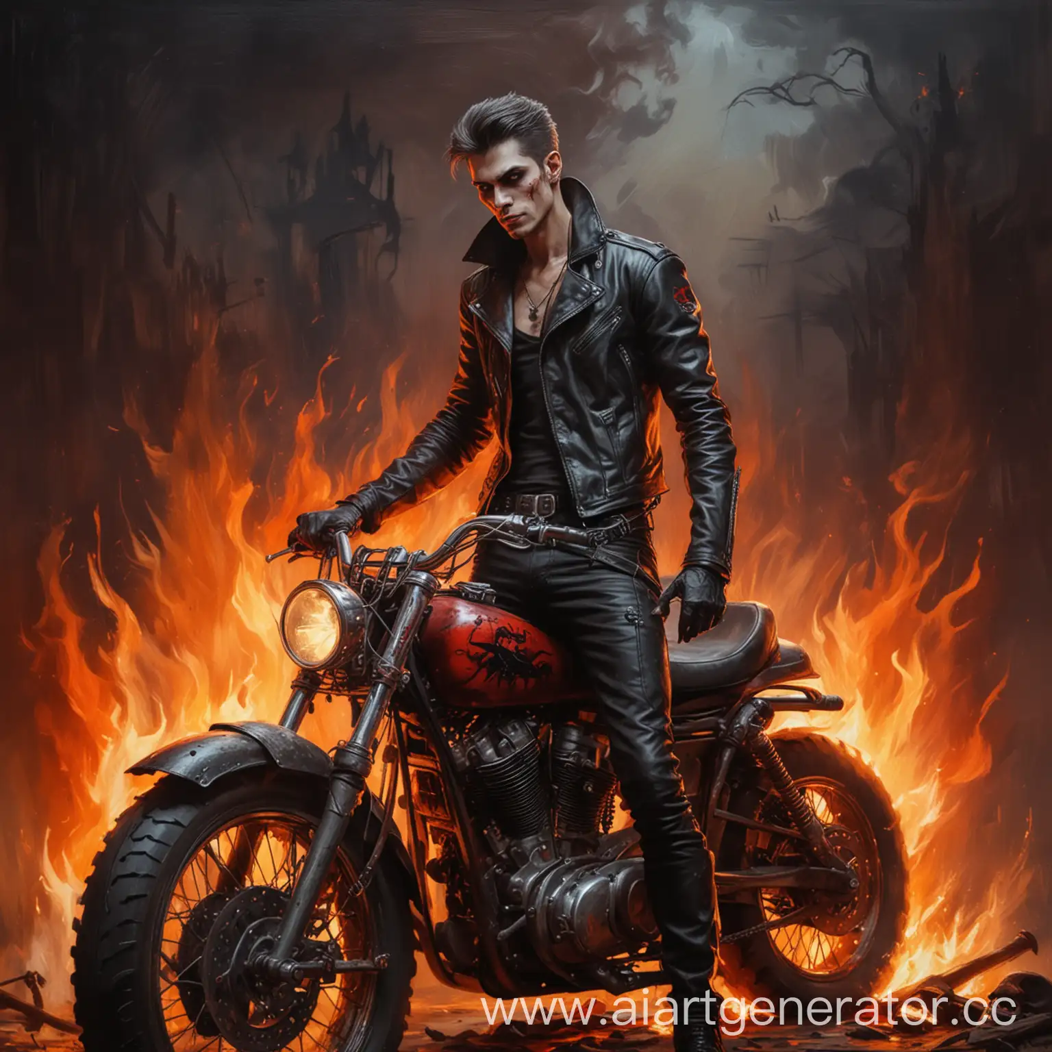 Oil painting, Skinny Biker, Vampire Hunter, Fire on the background