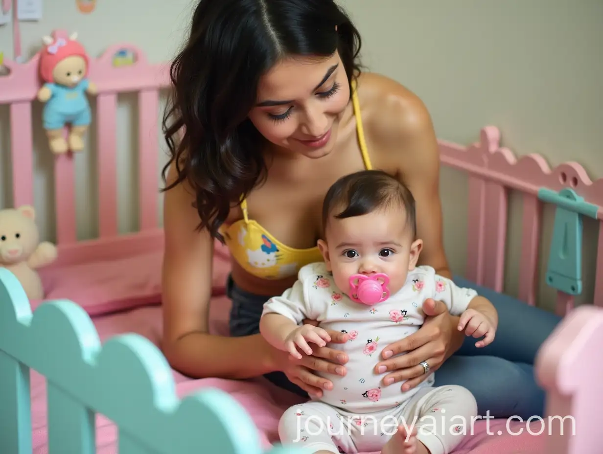 Young-Iranian-Mother-with-Baby-Boy-in-Playpen-Surrounded-by-Baby-Girls-and-Toys