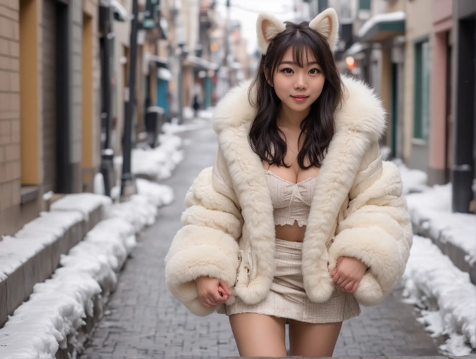 Masterpiece, best quality, adorable and Cute asian catgirl wearing a very fluffy very furry jacket, bunching up in the cold winter city streets, shy, blushing, ((micro-skirt with fur trim)), camera looking up