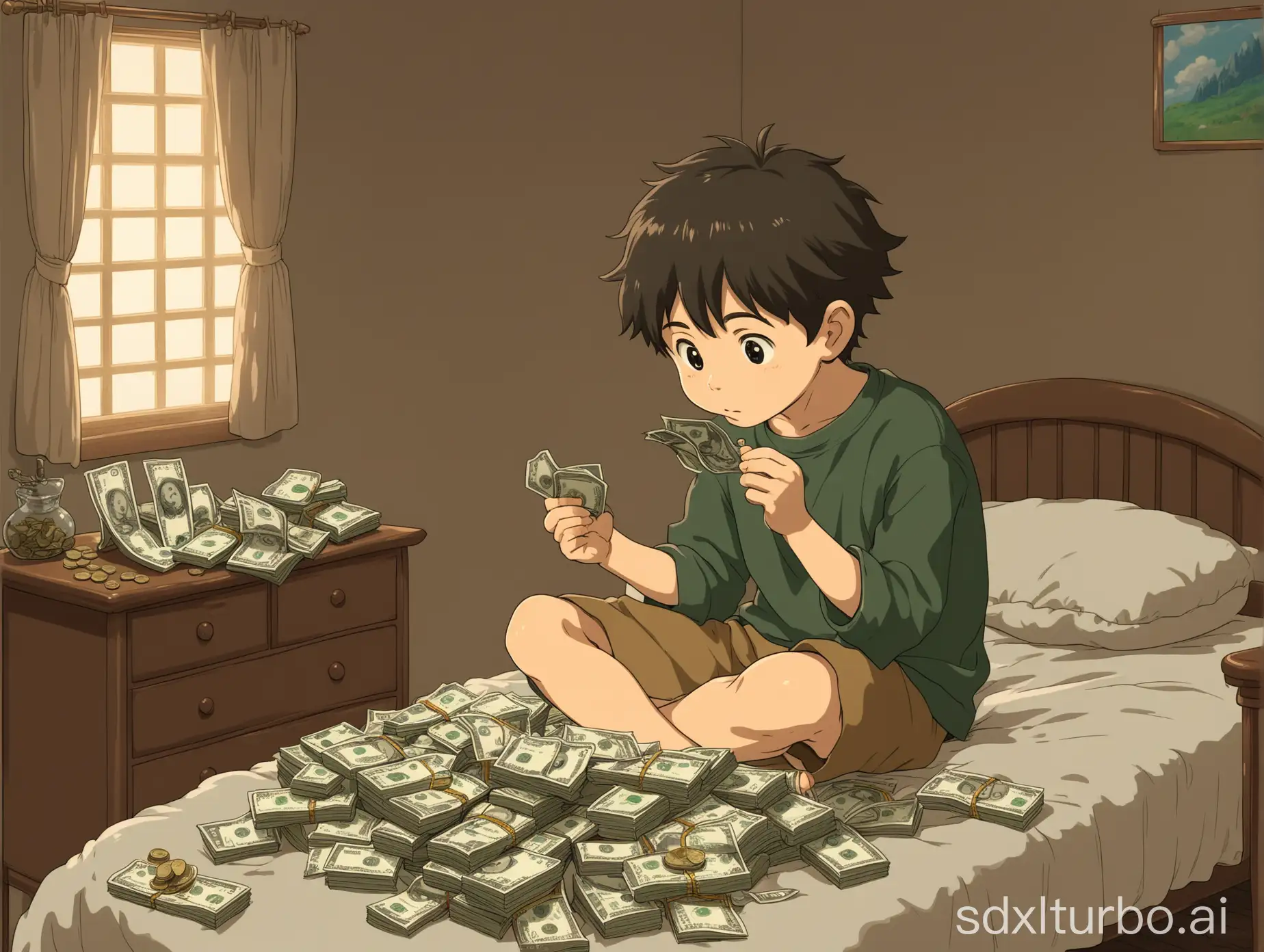 a cute boy sitting on bed counting dollars in a cozy bedroom in studio ghibli style