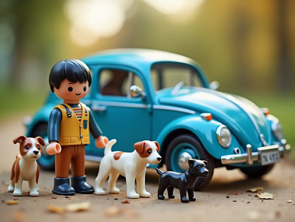 A Playmobil set, with a boy with short black hair, a Jack Russell, another Jack Russell, a small black dog and an old blue Beetle Volkswagen