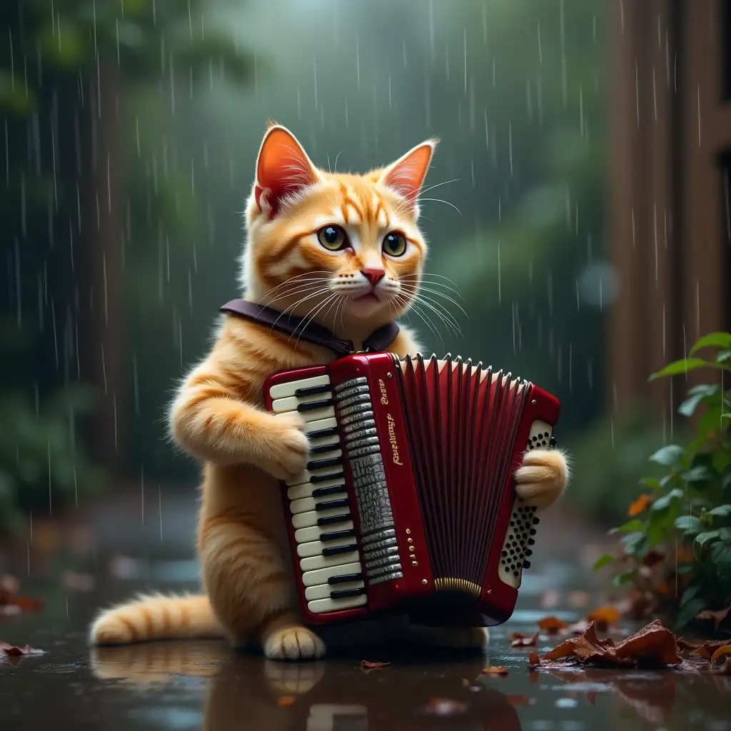 a cat that plays the accordion while it's raining outside