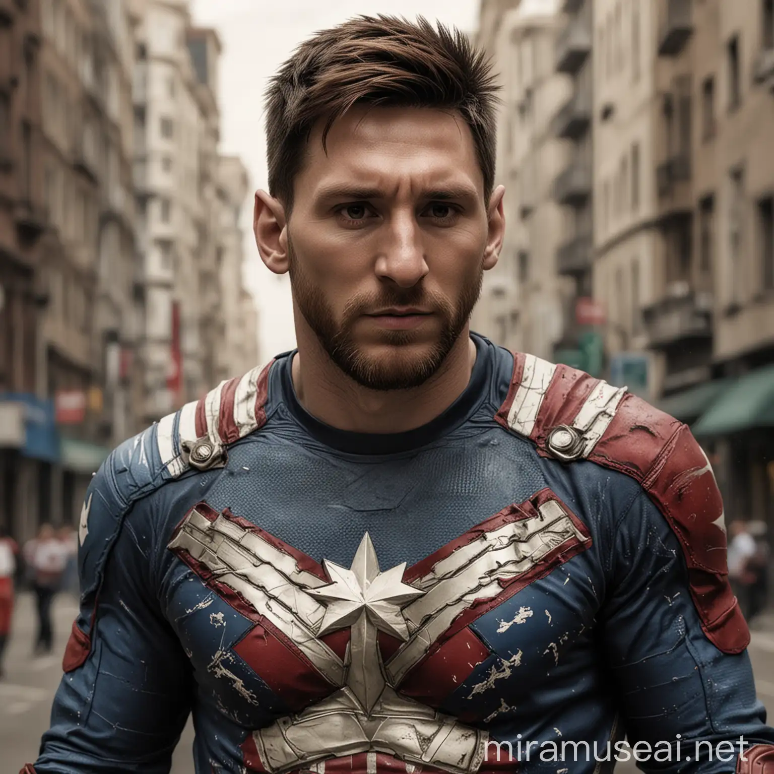 Capitain America Lionel Messi Half Body in City Atmosphere