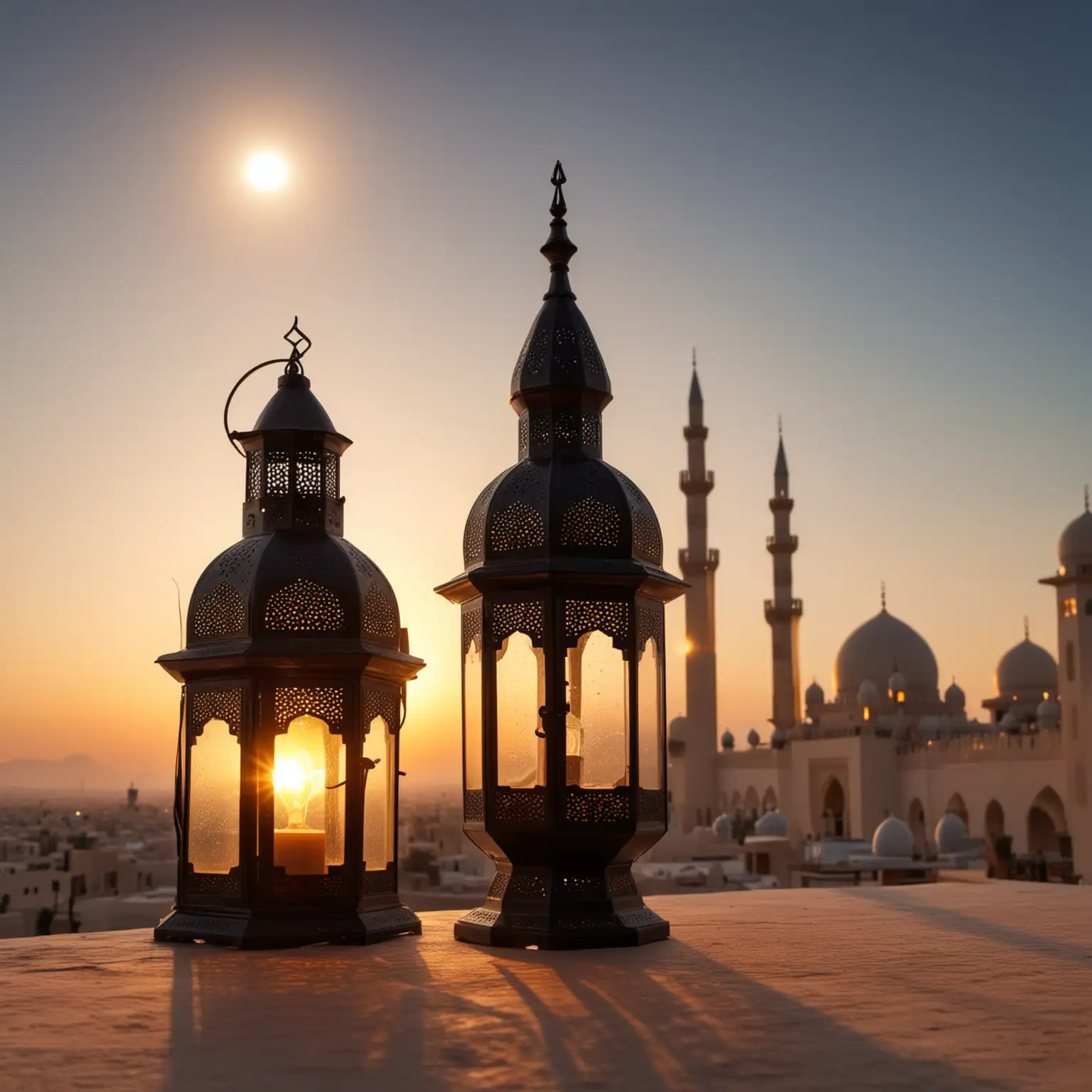 Arabic Mosque, Crescent and Lamp, high quality, 4k, a lantern in front view, blurry background, sky has gradient, sun in down time