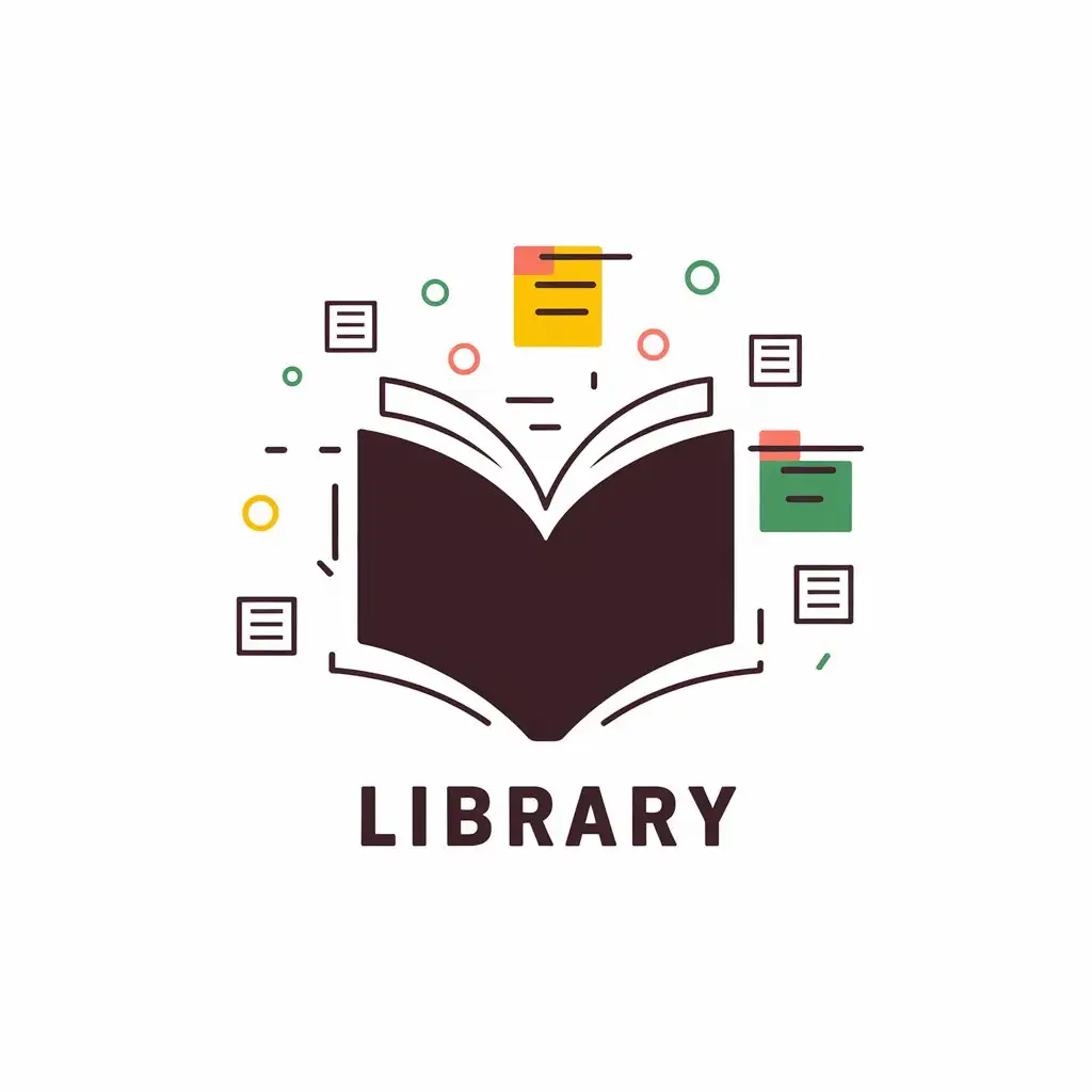 LOGO-Design-For-Library-Open-Book-in-Dark-Brown-with-Colorful-Notes