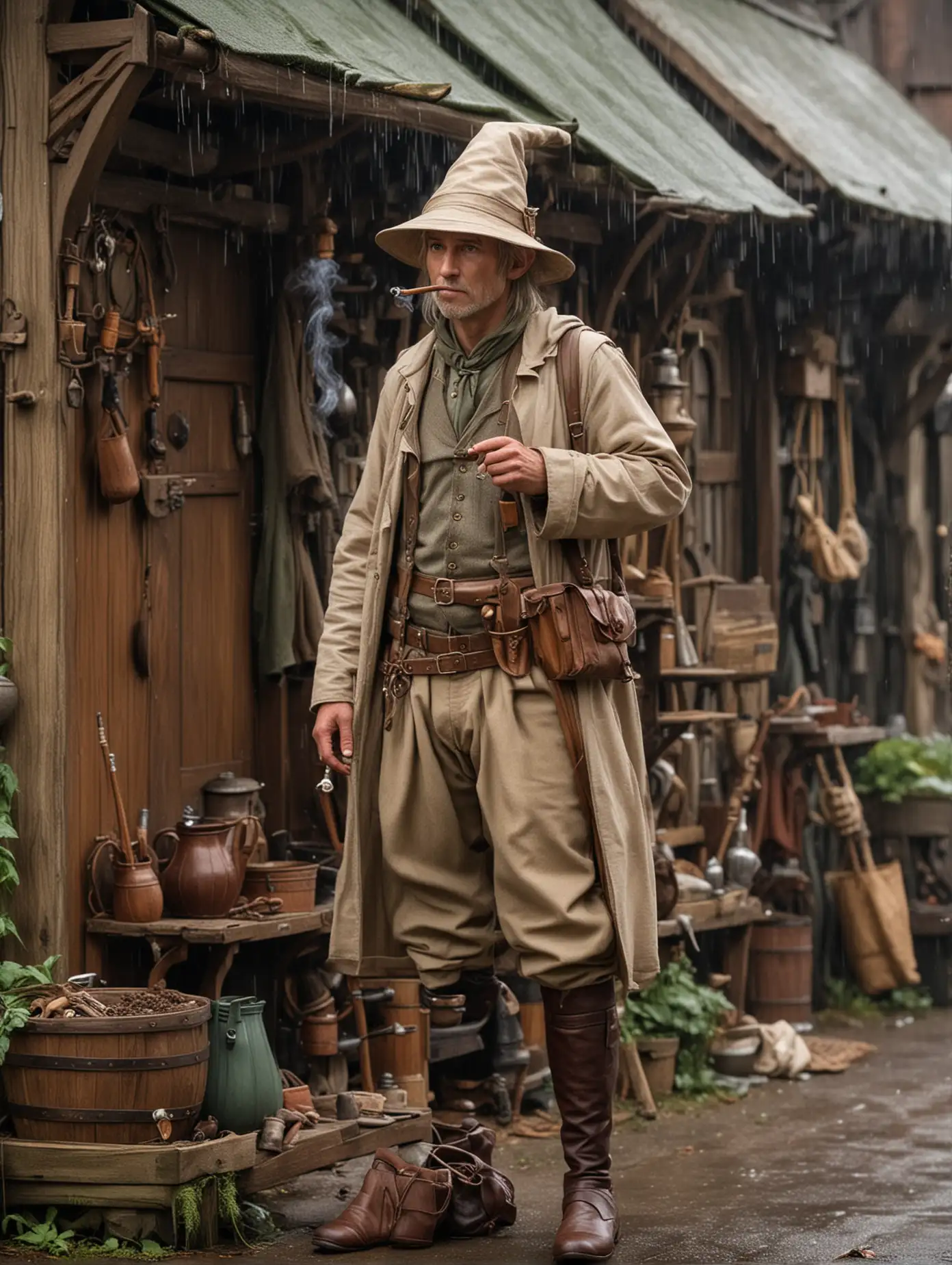 Elvish Chandlery Owner in Rain Hat Smoking Pipe