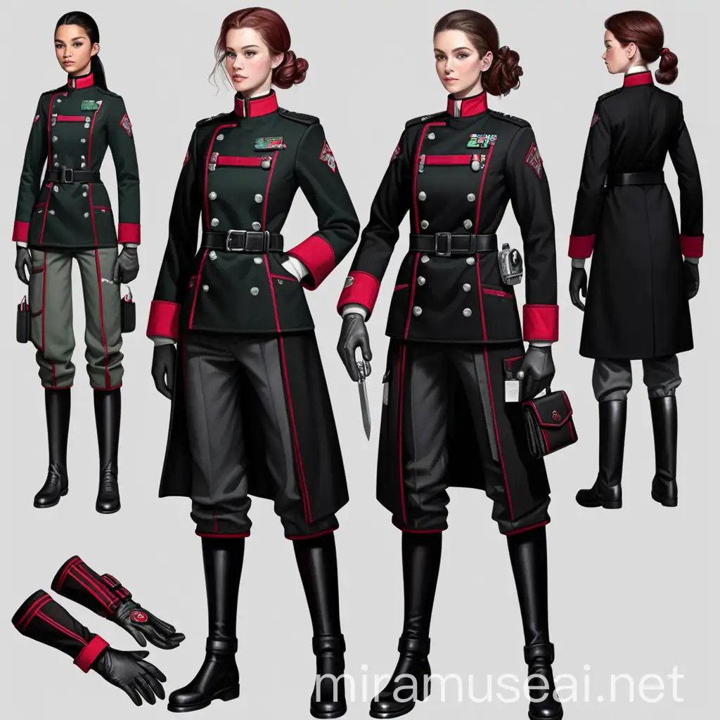 Scientific and Military Uniform Concept Art with Emerald Green and Ruby Accents