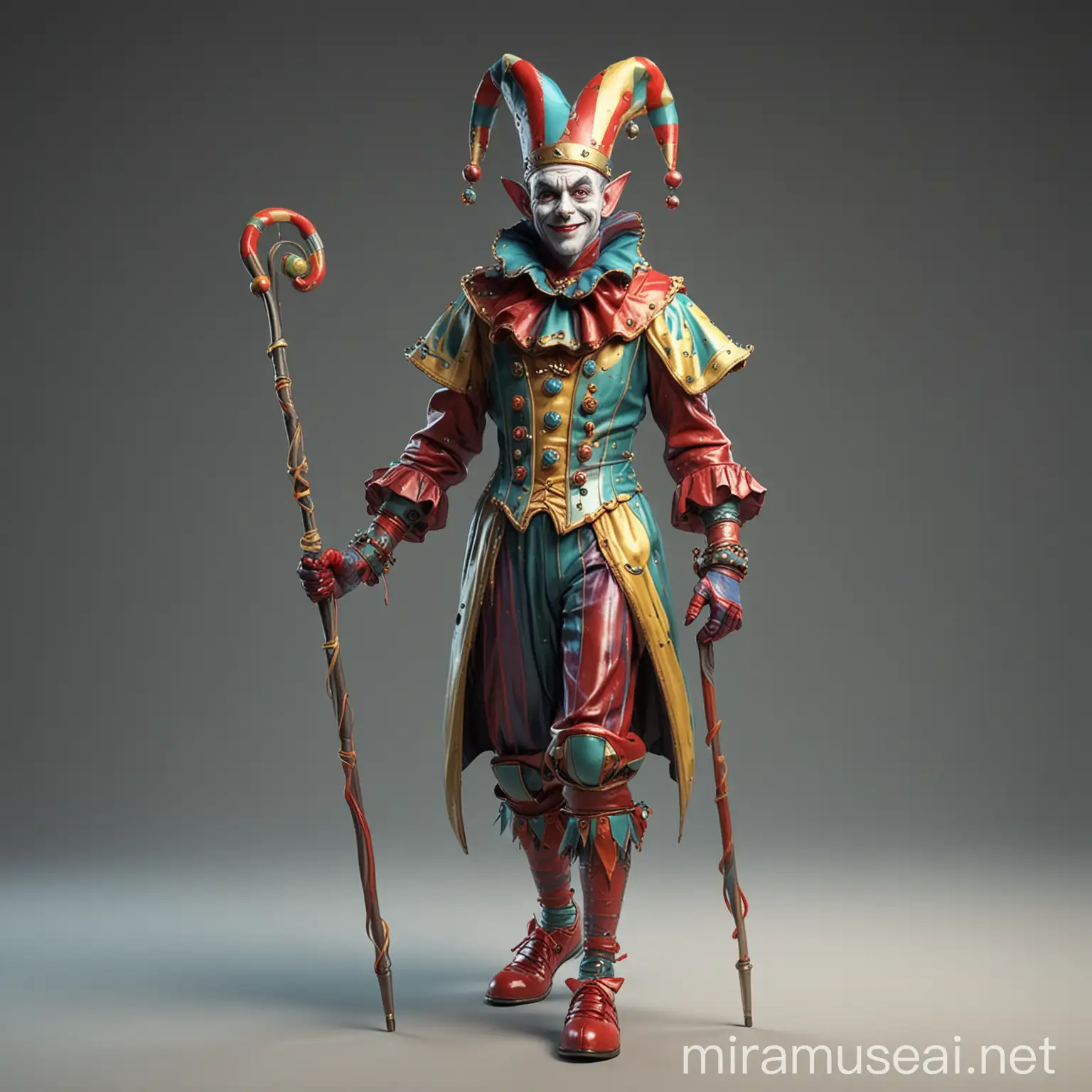 Futuristic Whimsical Male Jester with Walking Cane