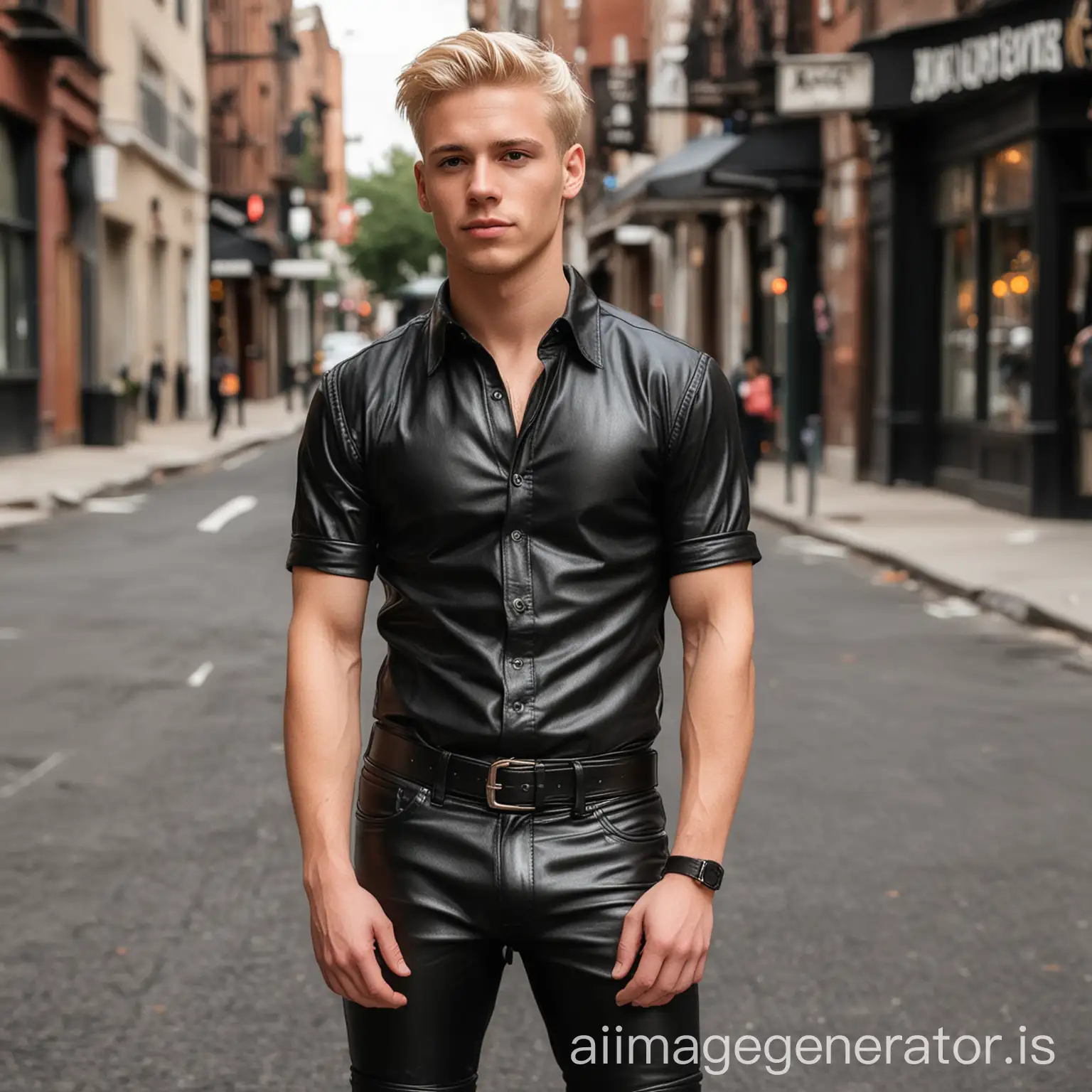 Young white man, athletic build, short blonde hair, wearing tight black leather pants, and short sleeved black leather shirt, poses on a street corner