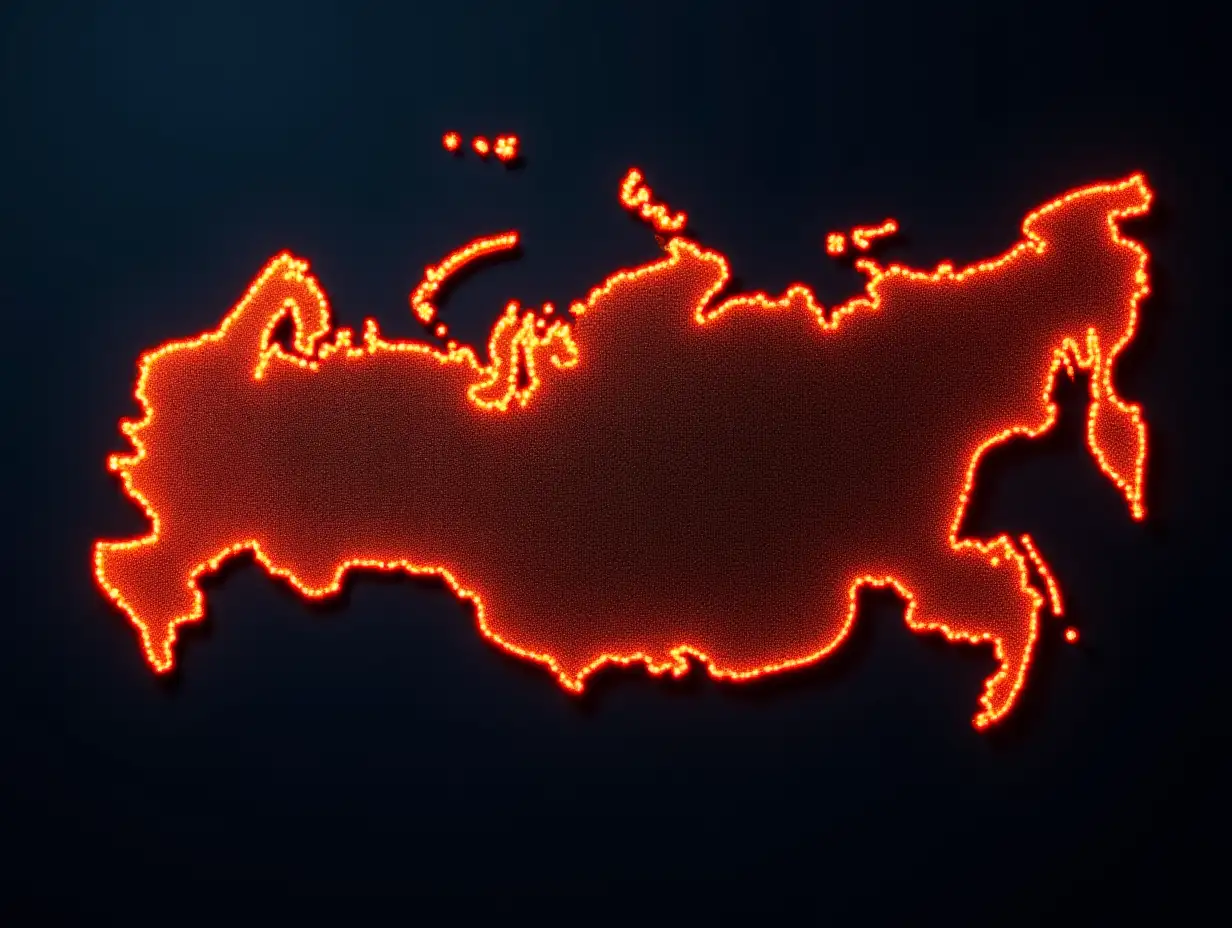 Map of Russia, lighting up with orange light, orange dots mark different cities, high quality