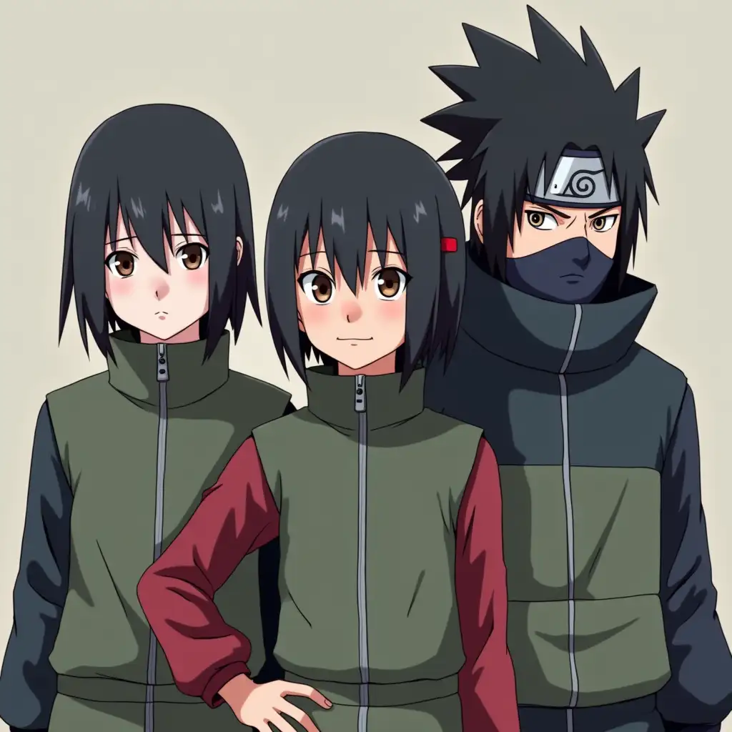 I want anime character pictures from the anime Naruto, a girl with black hair, a wide nose, dark brown eyes, wide color, wearing a Konoha ninja outfit, between 13 and 15 years old, standing next to the characters Hatake Kakashi and Sasuke