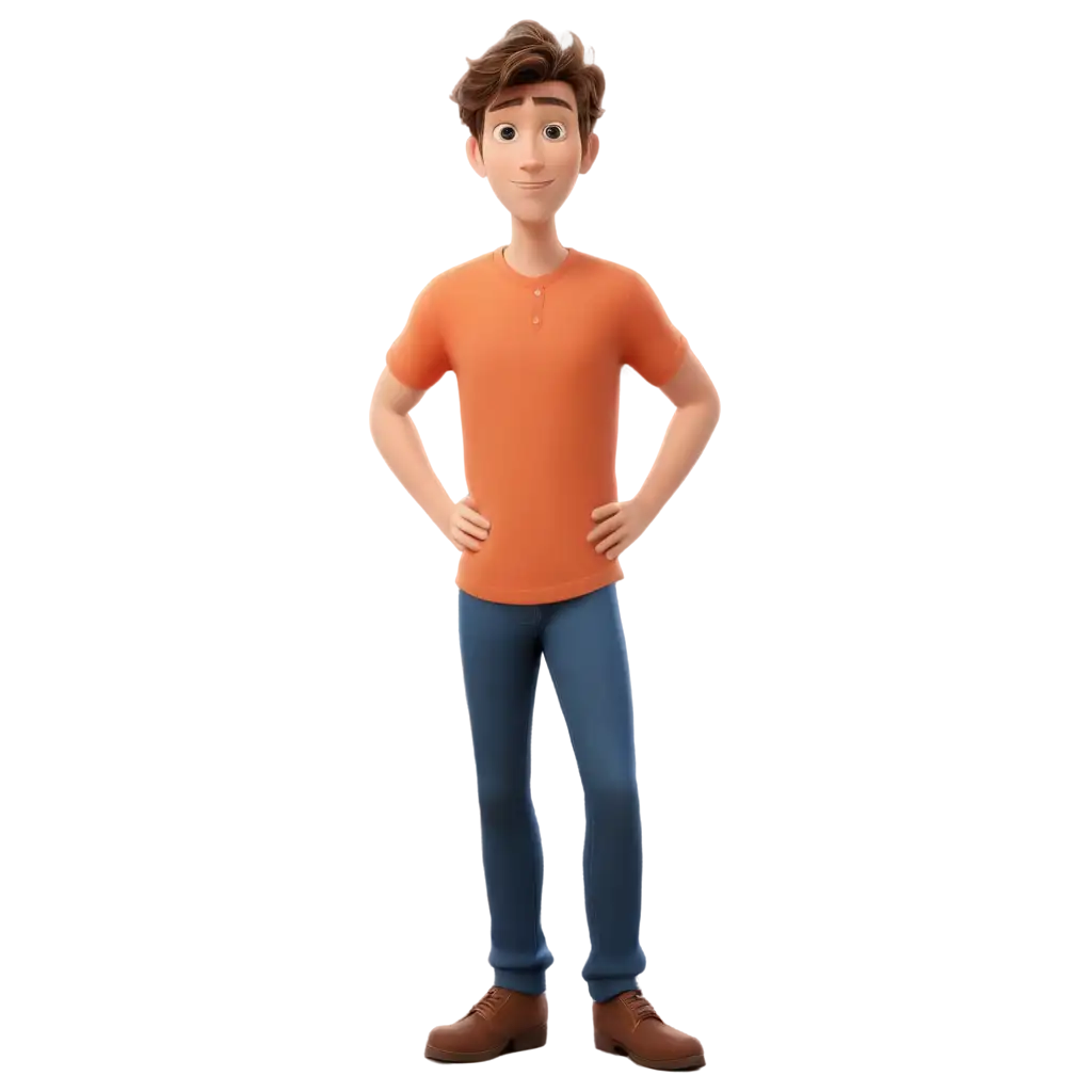 Disney-Pixar-Style-PNG-Image-Young-Tall-Man-in-Orange-Shirt-with-Brown-Hair-and-Blue-Eyes