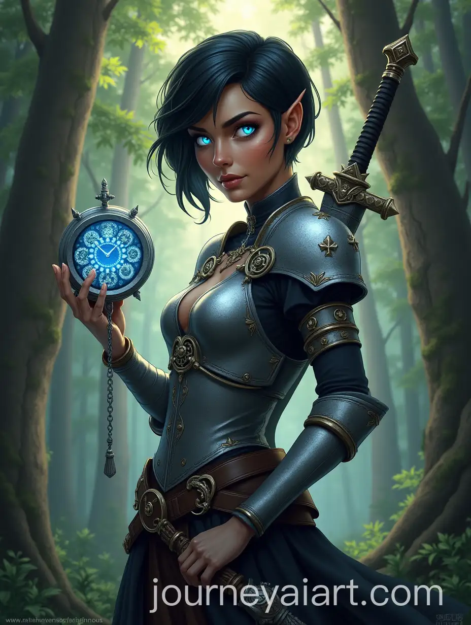 Charismatic-HalfElf-Woman-in-Mystical-Forest-with-Ornate-Clock-and-Silver-Chainmail
