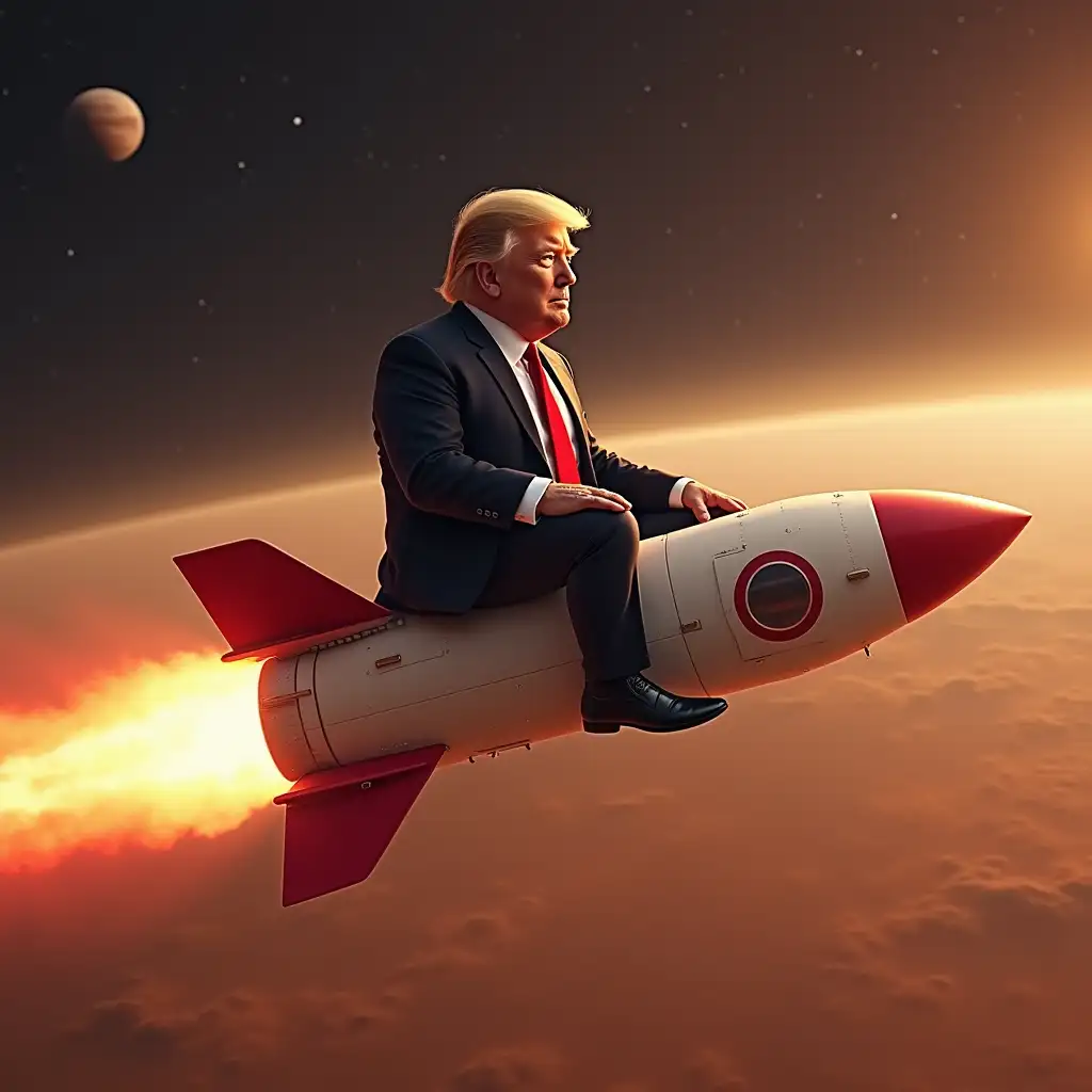 Trump sitting on rocket and it flying to mars