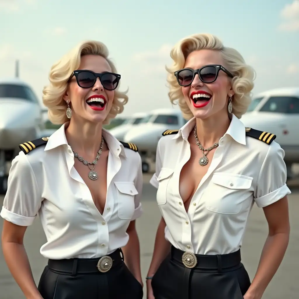 two white pilot ladies, Marilyn Monroe face, in white deep-necked army shirt, laughing with her mouth open, red lipstick accentuating her smile,belt on waist, big wide hips, chest are fully grown, jewerly, short hair, HD, enjoying at airport , photo-realism,,