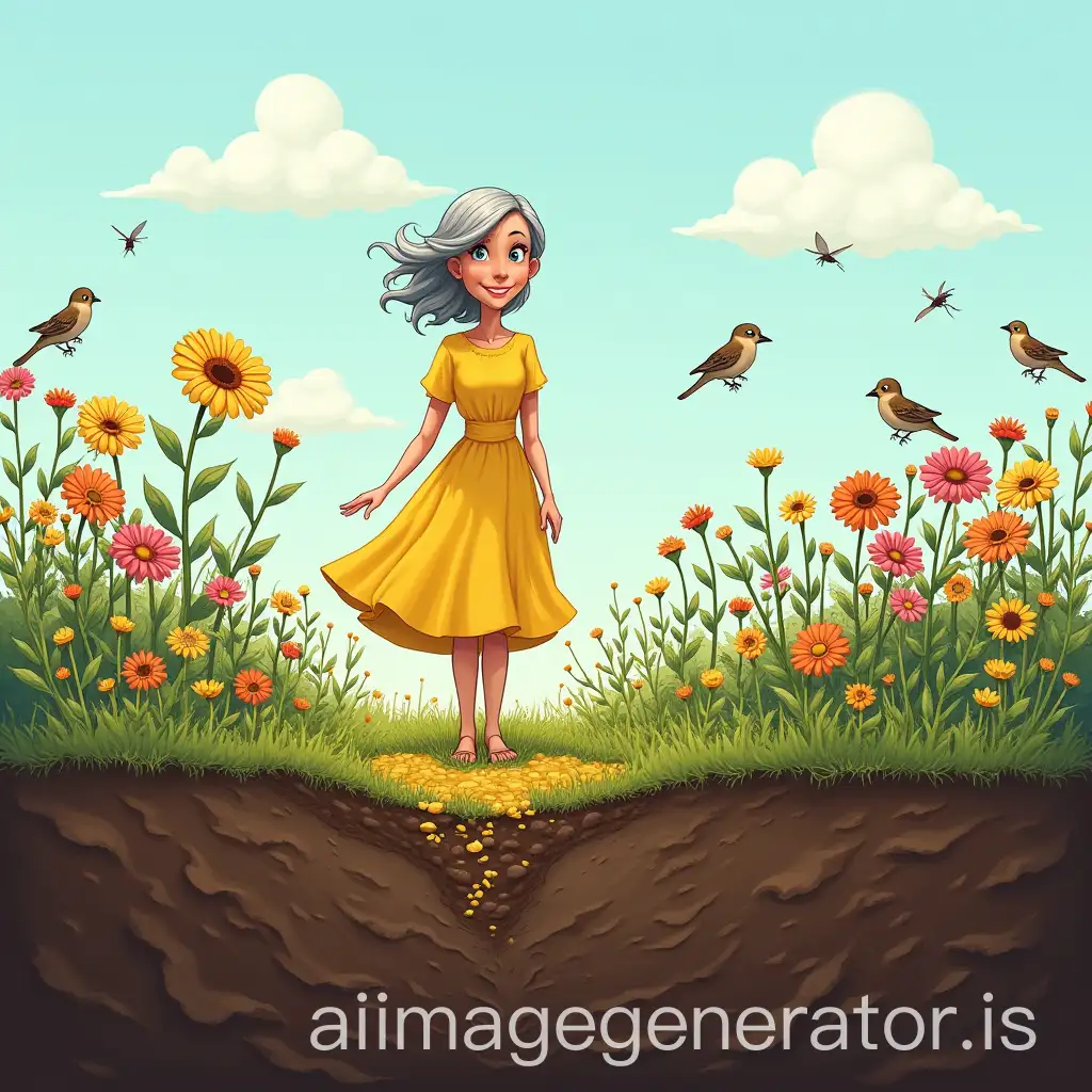 MiddleAged-Woman-in-Yellow-Dress-EnjoyingAI-Art-Prompt-Expansion-Flower-Garden-with-Sparrows-and-Ants