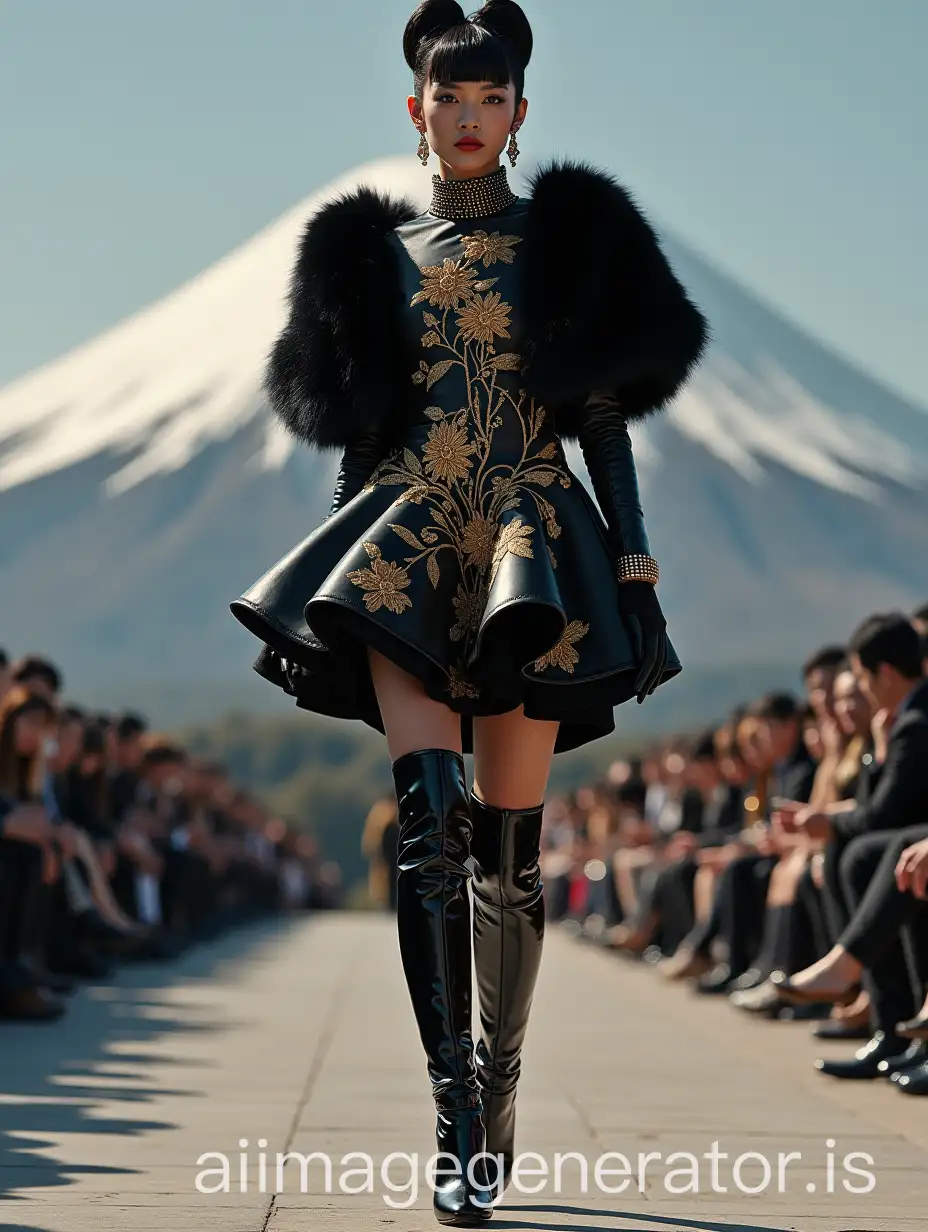 Japanese model in a dandy way, square haircut, earrings, collars, bangle and collars, long gloves, with BLACK leather bubble dress embroidered with GOLD flowers, BLACK mink-fur bolero, in very high-heels BLACK PATENT thigh-high-boots on a catwalk on front of the Fujiyama mount