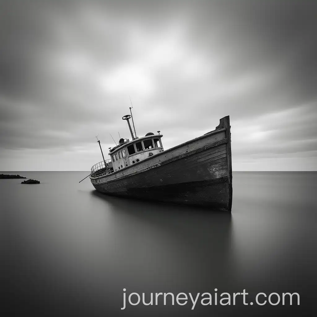 Black-and-White-Long-Exposure-of-Sunken-Broken-Boat-in-the-Sea-Under-Cloudy-Sky