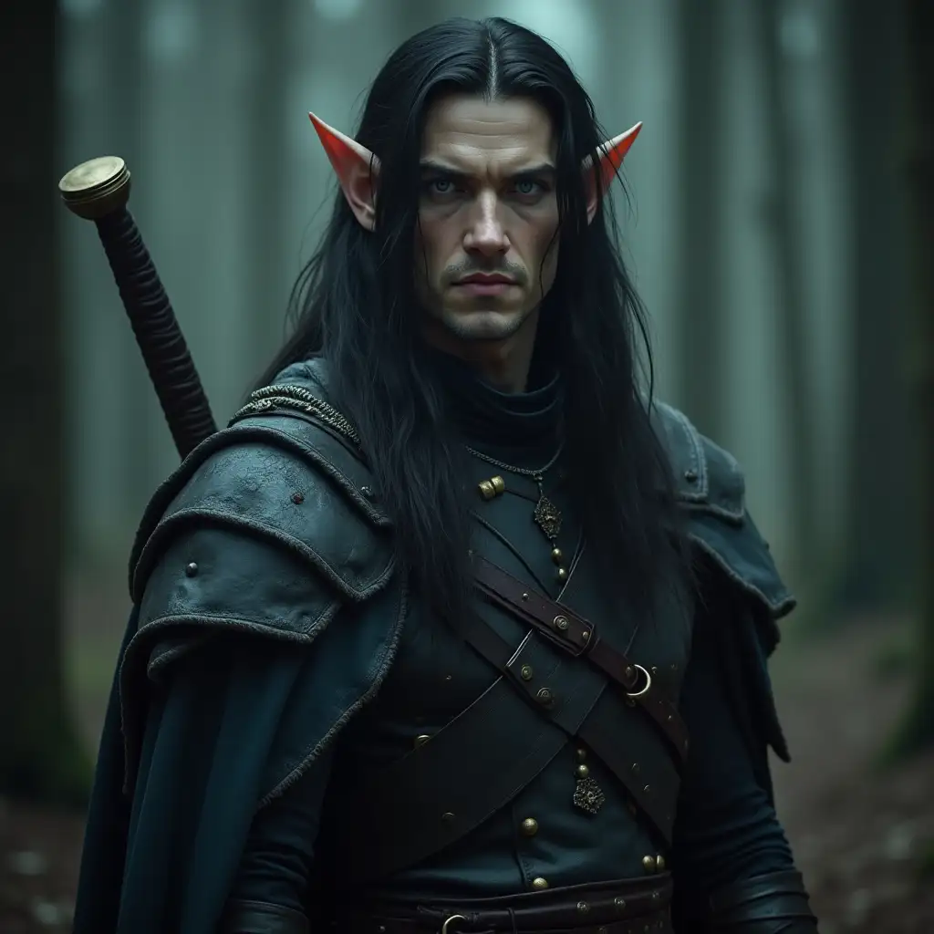 Handsome Male Elf Warrior in Dark Leather Armor in Enchanted Forest