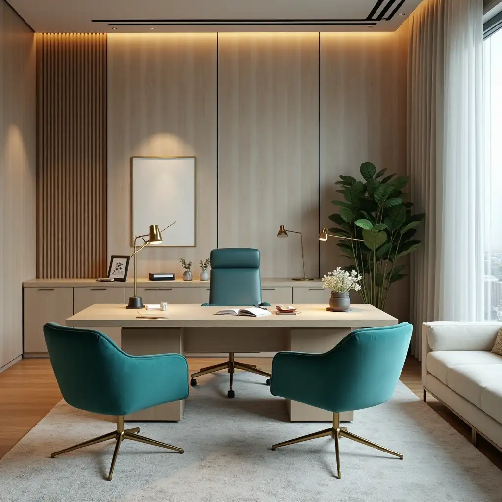 Luxury Office Setting with Teal Chairs and Cream Couch