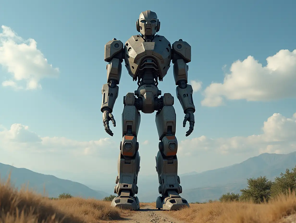 Create a high-resolution, realistic image of the artificial intelligence Robert, 40 meters tall with humans, with a motor made of many parts, with Jupiter 4k resolution