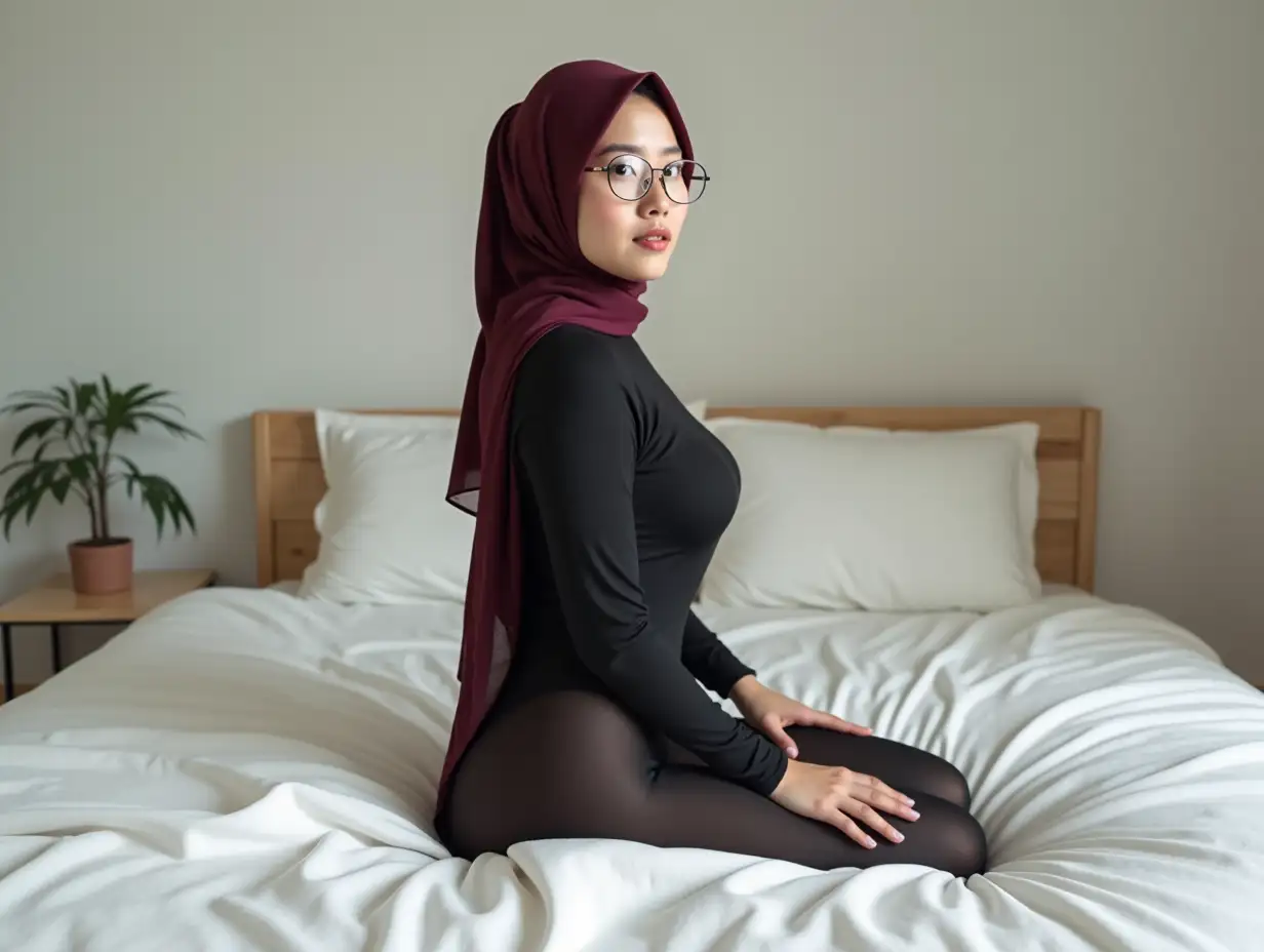 Serene-Asian-Woman-in-Maroon-Hijab-and-Black-Swimsuit-Kneeling-on-White-Bed