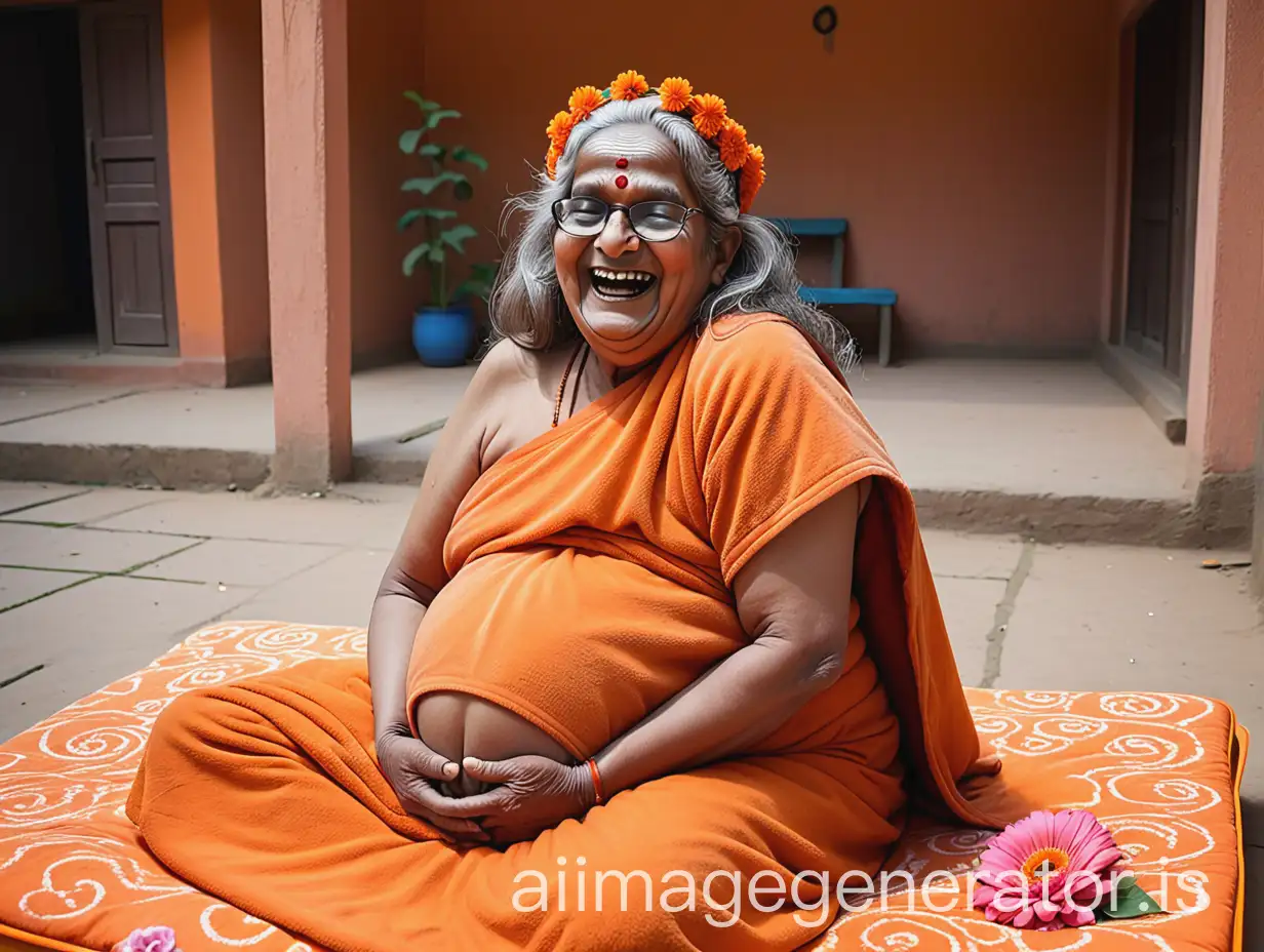 Elderly-Hindu-Woman-Monk-Laughing-in-Ashram-Courtyard-with-Gifts-and-Flowers