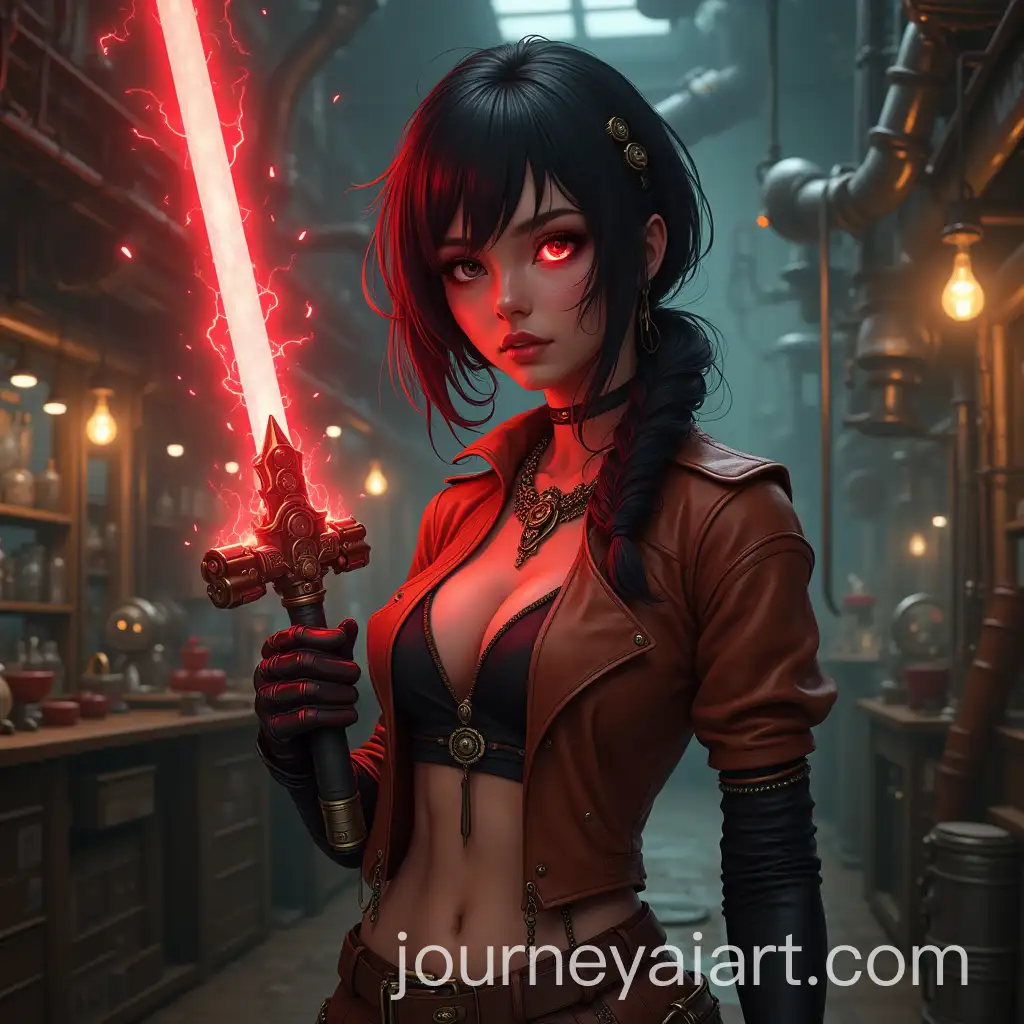Steampunk-Woman-with-Red-Energy-Sword-in-Laboratory-Setting