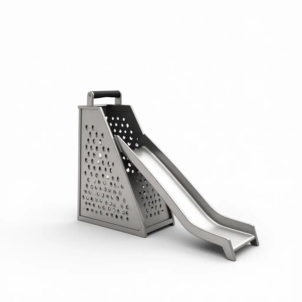 A surreal metallic cheese grater transformed into a children's slide. The grater retains all its original details, including its perforated stainless-steel surface, sharp-edged holes, and sturdy handle at the top. One of its larger sides extends downward to form the slide, but the surface still functions as a grater, with its holes and blades intact. The surreal concept creates an unsettling yet realistic fusion of a playground slide and a kitchen tool. The background is pure white, emphasizing the bizarre yet detailed transformation.