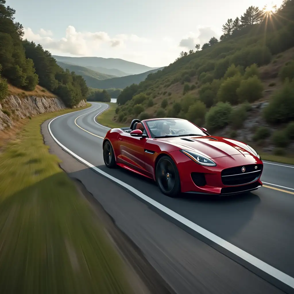 Driving a jaguar f type  car along a winding twisty road