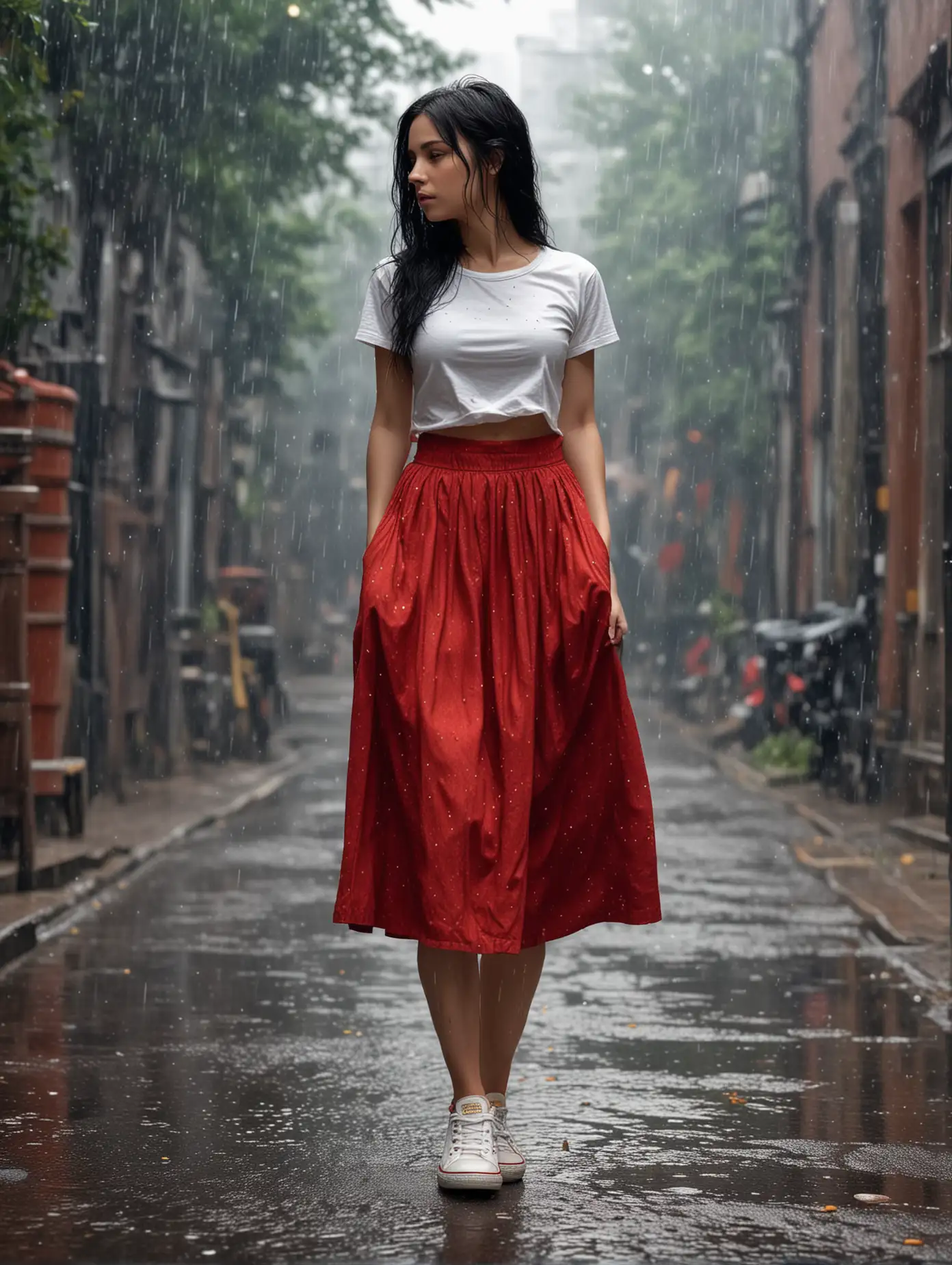 Woman-in-Red-Skirt-with-Golden-Sparkling-Rain-in-a-Dark-Space