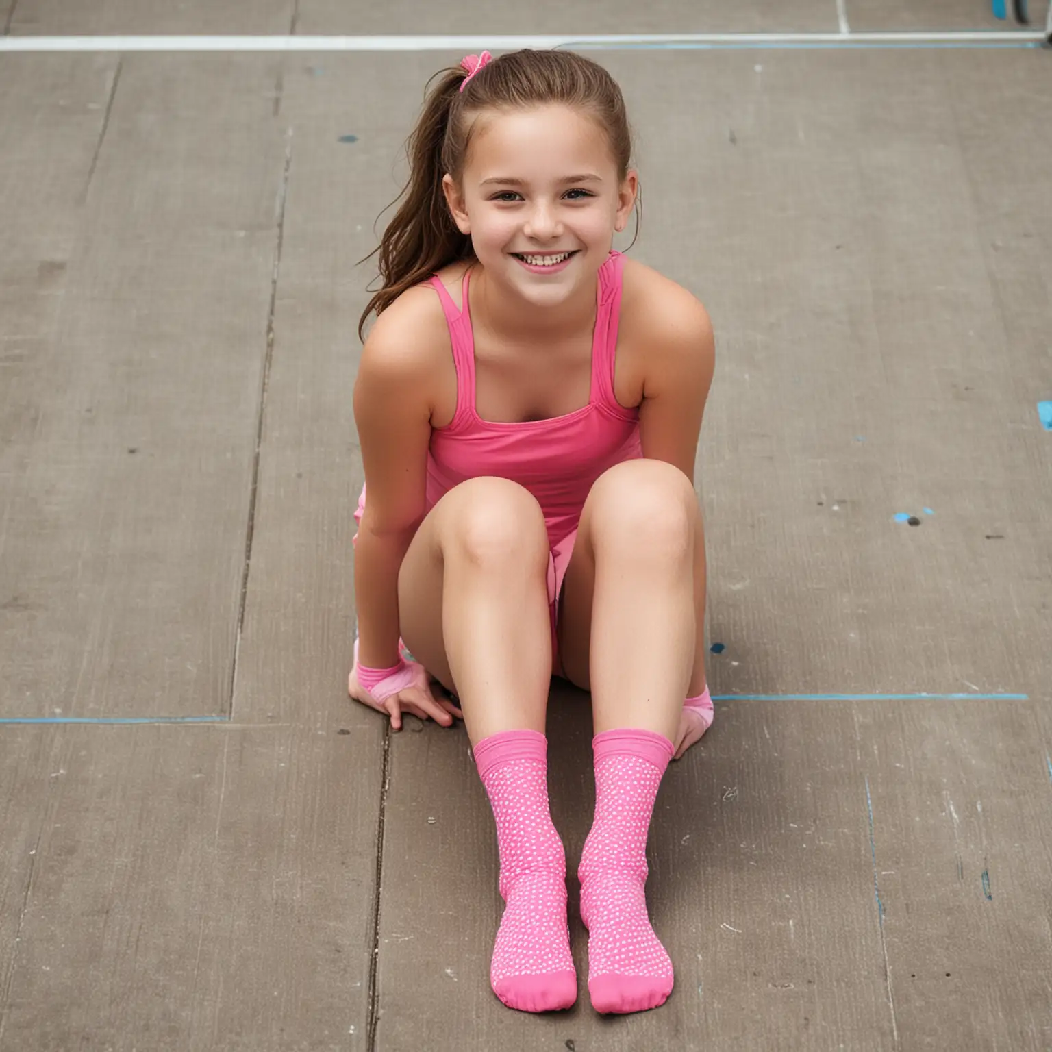 Middle-School-Girl-in-Pink-Swimsuit-Smiling-at-School-with-Socks-Visible