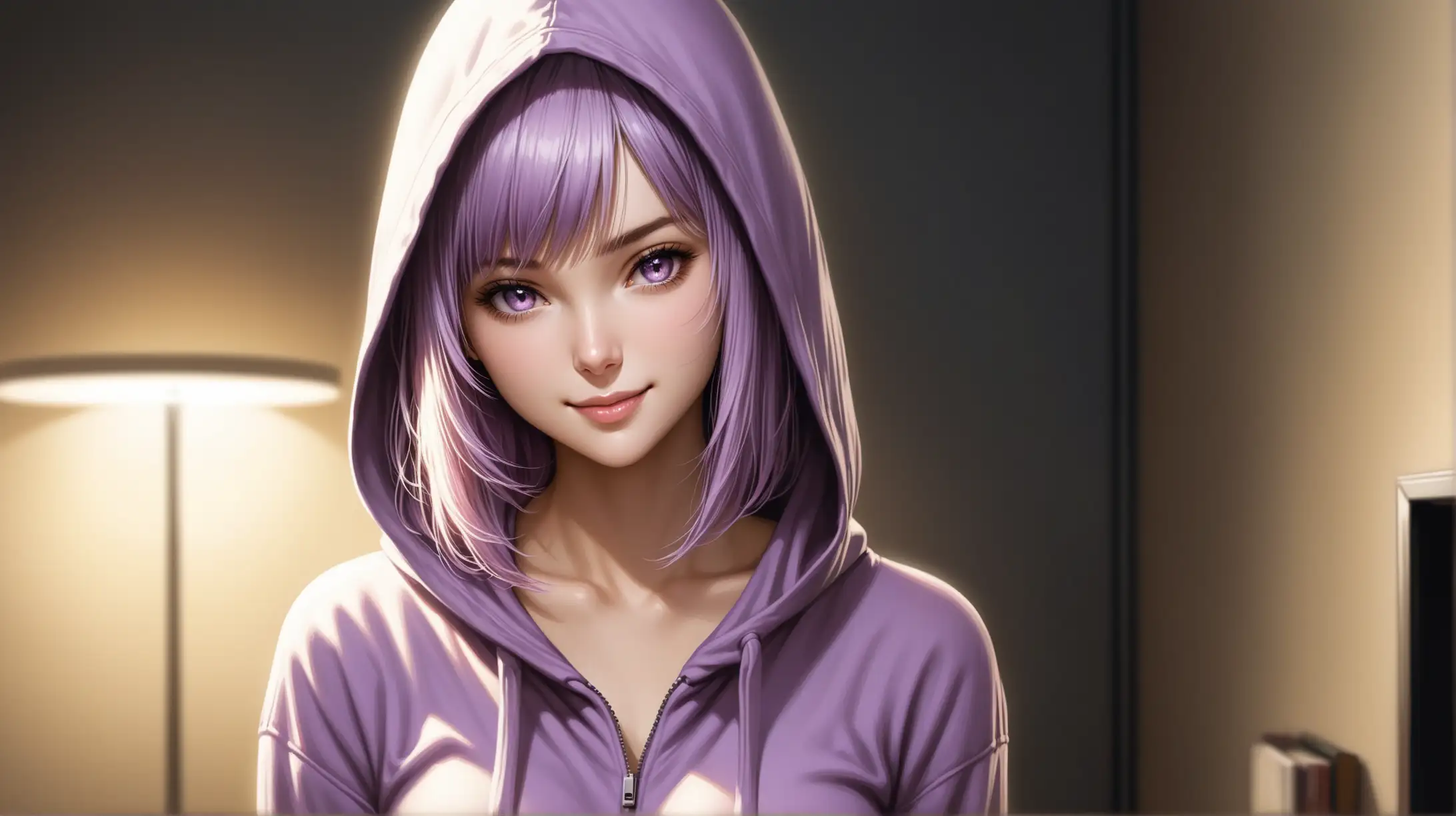 Seductive Woman with Light Purple Hair and Hoodie in Dim Lighting