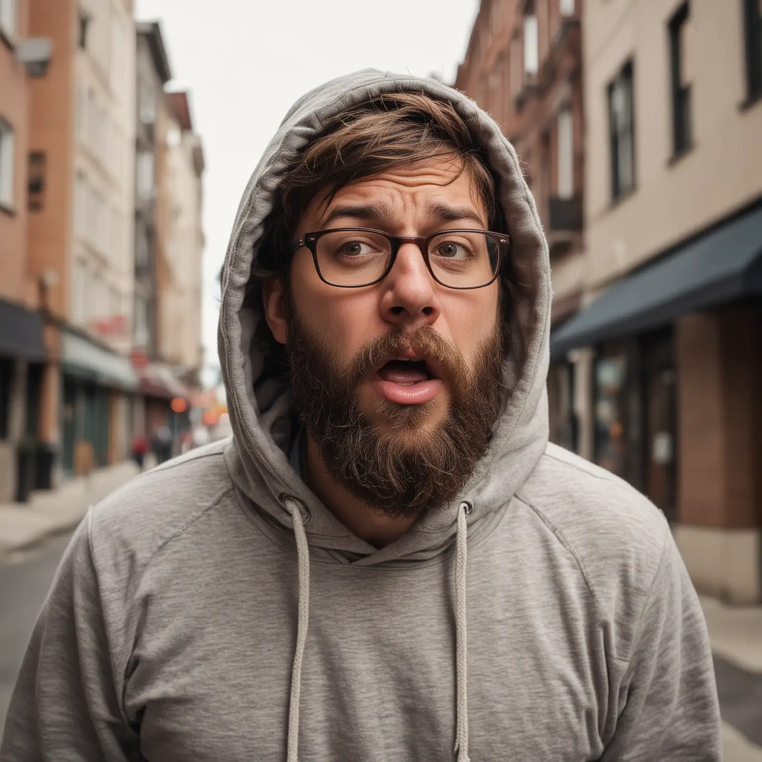 Man Sneezing in Street with Intense Expression and Confusion