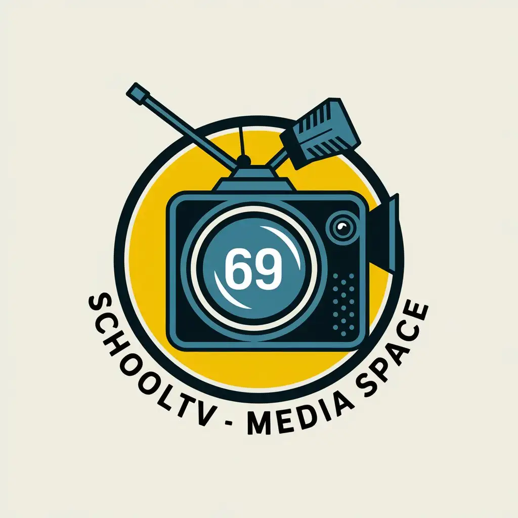 a vector logo design,with the text "SchoolTV", main symbol:circular logo of school television. Title 'SchoolTV - media space' around the circle. In the center number 69 and professional video camera, professional microphones,Moderate,clear background