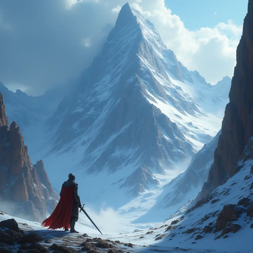 A knight stands at the base of an enormous, snow-capped mountain, sword in hand, with a determined look. The mountain looms above, craggy and steep, representing the difficult challenges ahead, while the first step forward is illuminated by a beam of sunlight.