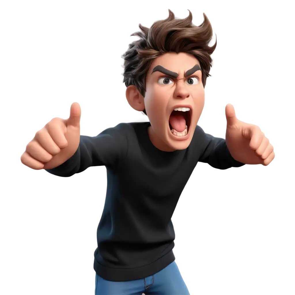 3D caricature of a teenage boy wearing a black crewneck, visibly angry while shouting, with HD image quality